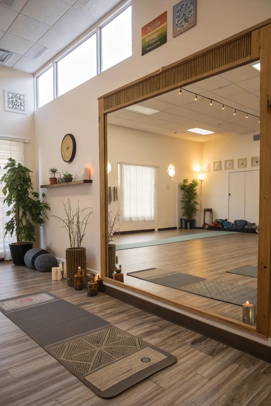 Yoga room featuring a large mirror enhancing space and light.