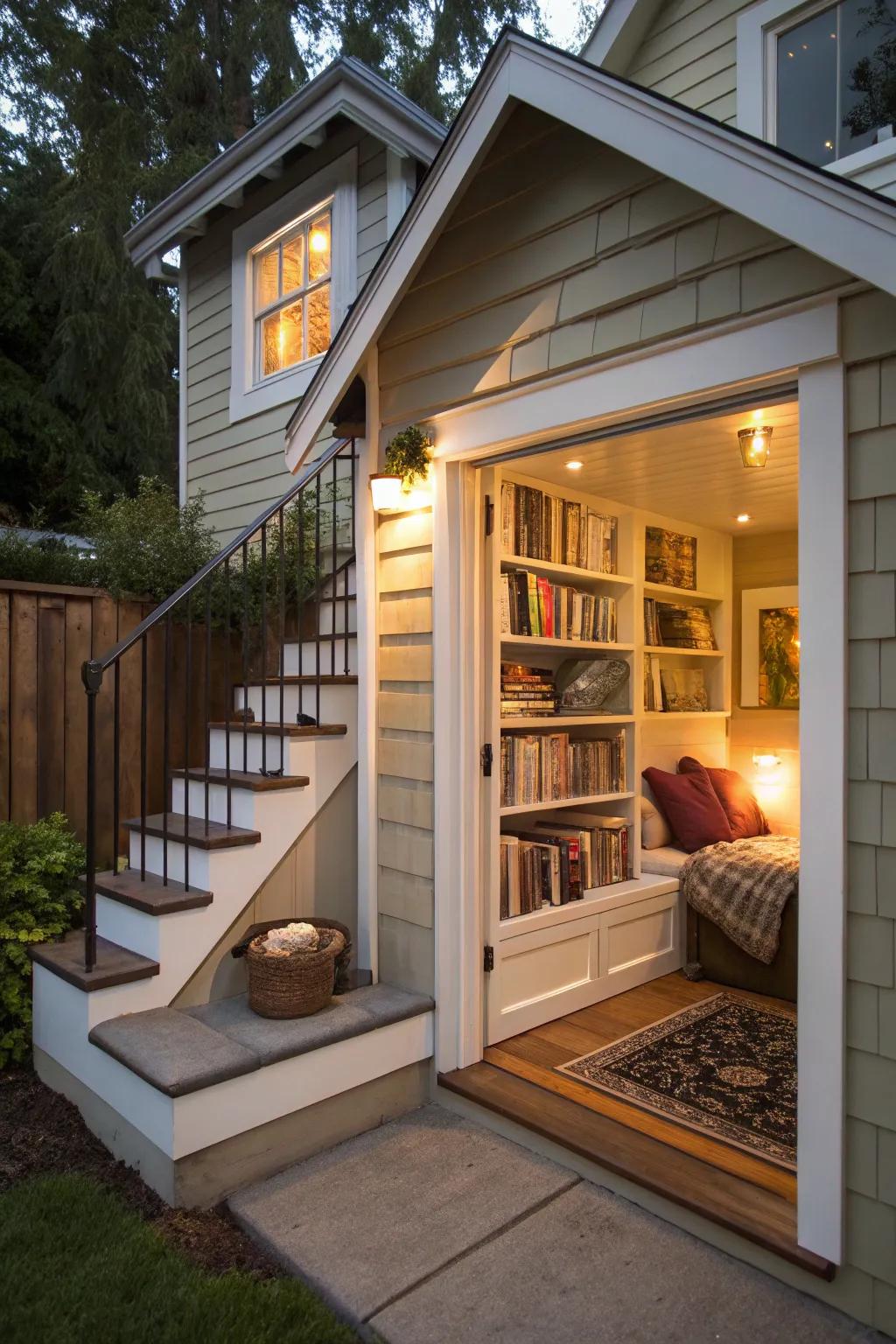 A small house with storage under the stairs and a cozy small library.