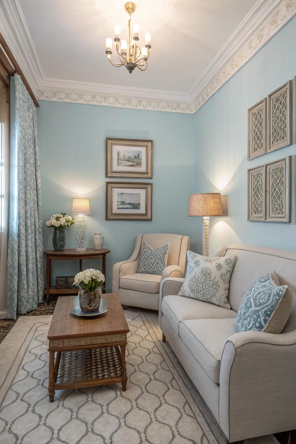 A snug parlor showcasing gentle azure walls for serenity.