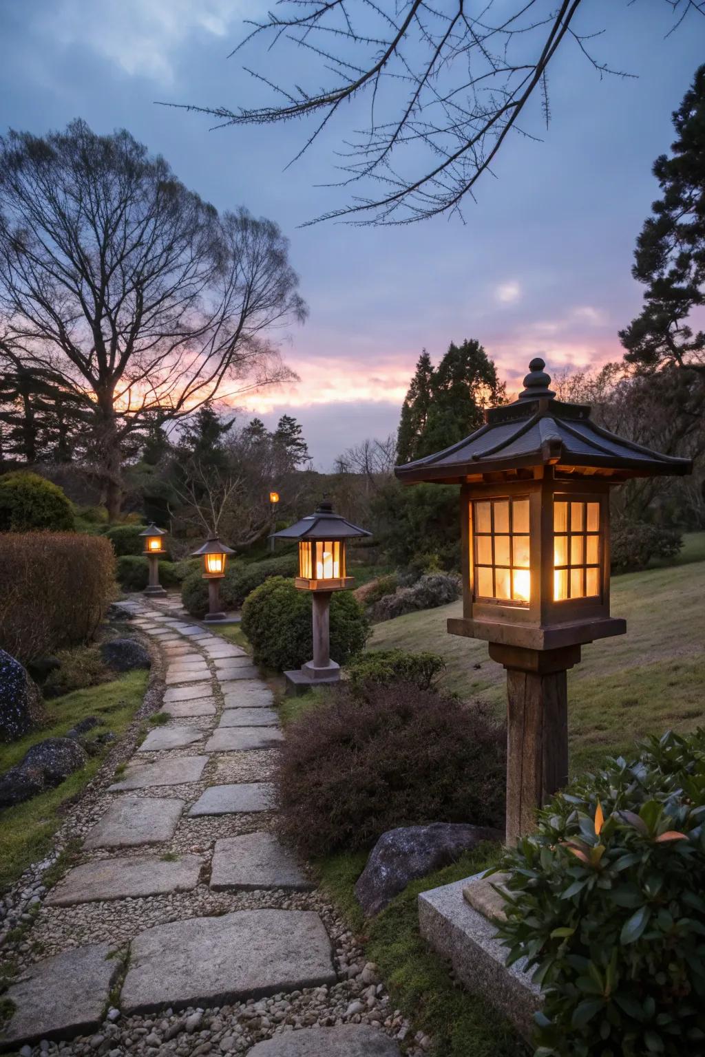 Japanese beacons casting a magical luminescence as twilight falls.