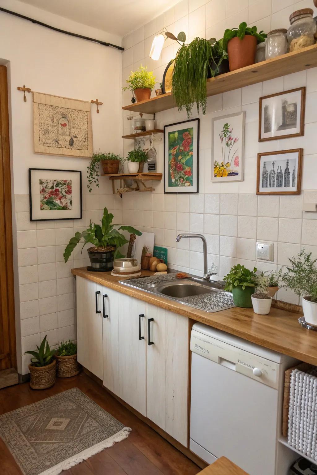 Ornamental features instill individual flair within a limited kitchen.