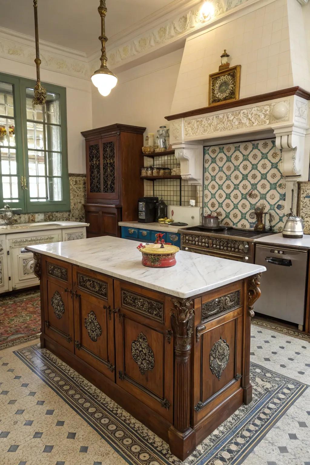 A historical island that pays tribute to the home's past.