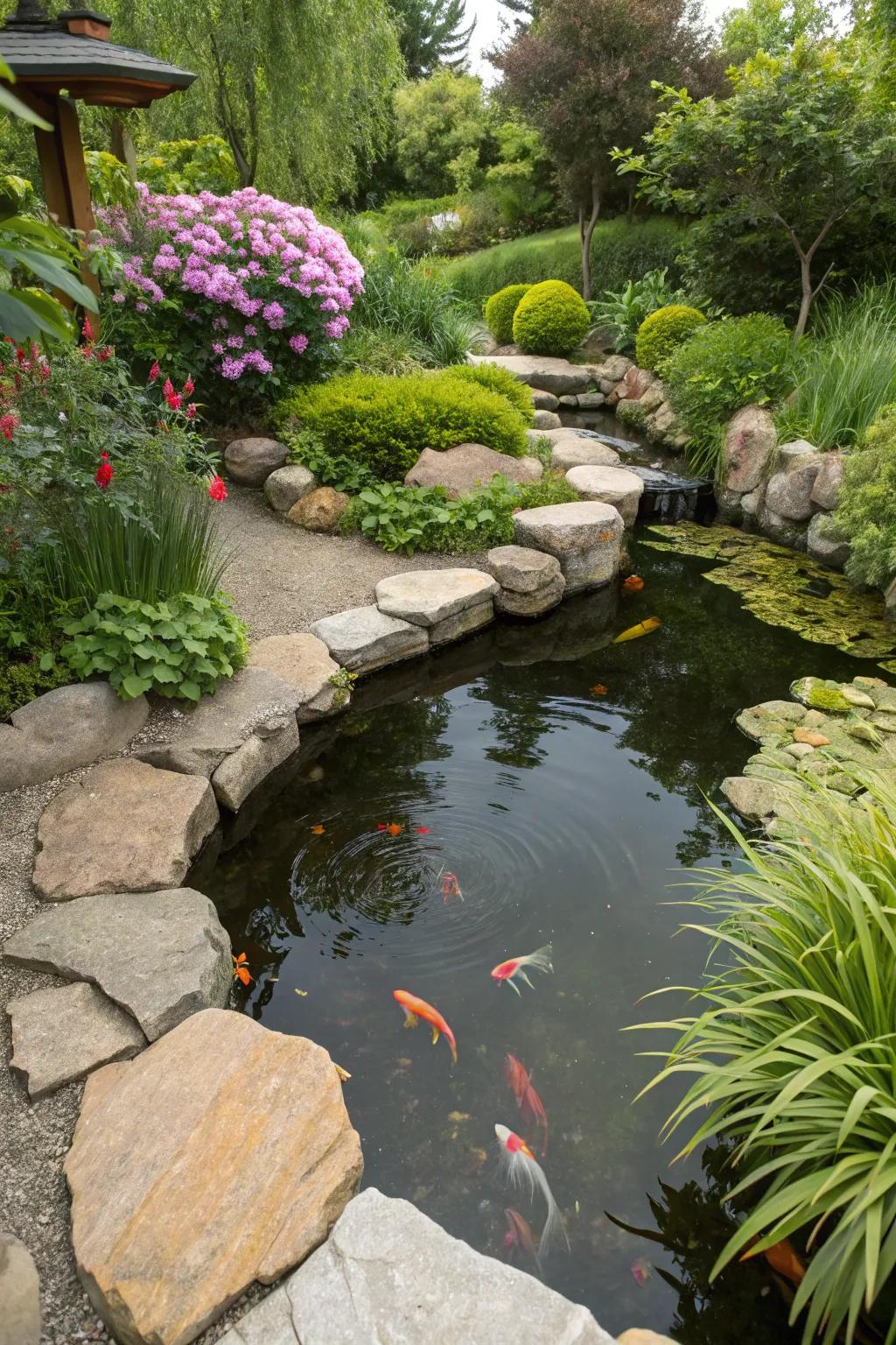A small water garden seamlessly integrated with natural boulder edges.
