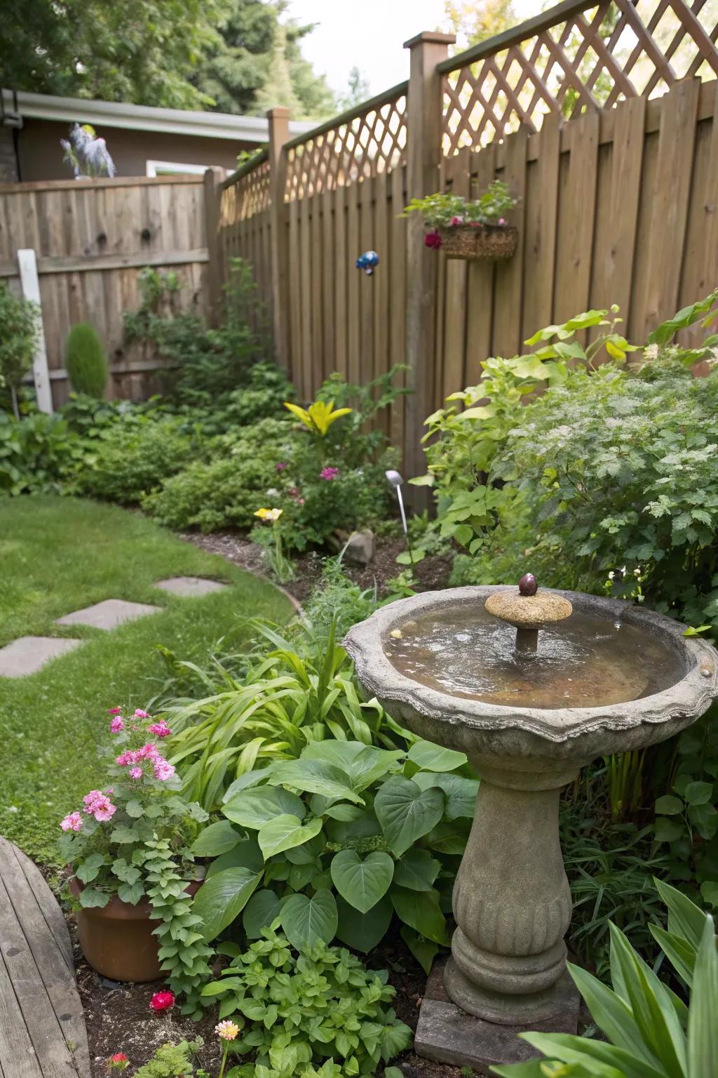Water features add tranquility and draw wildlife to small gardens.