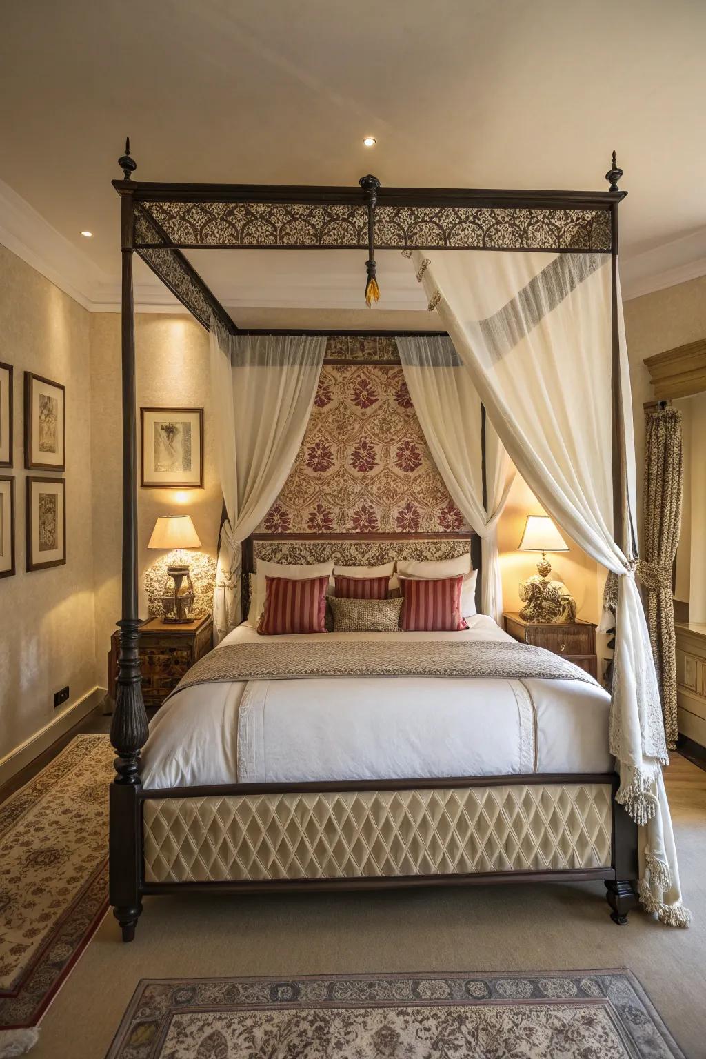 A canopied bed or striking headboard can serve as a captivating visual anchor.