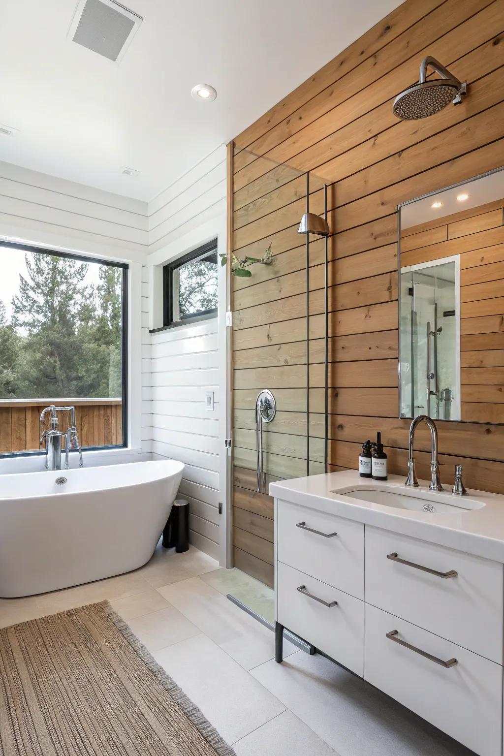 Panel walls add distinctive texture to a homespun bathroom.