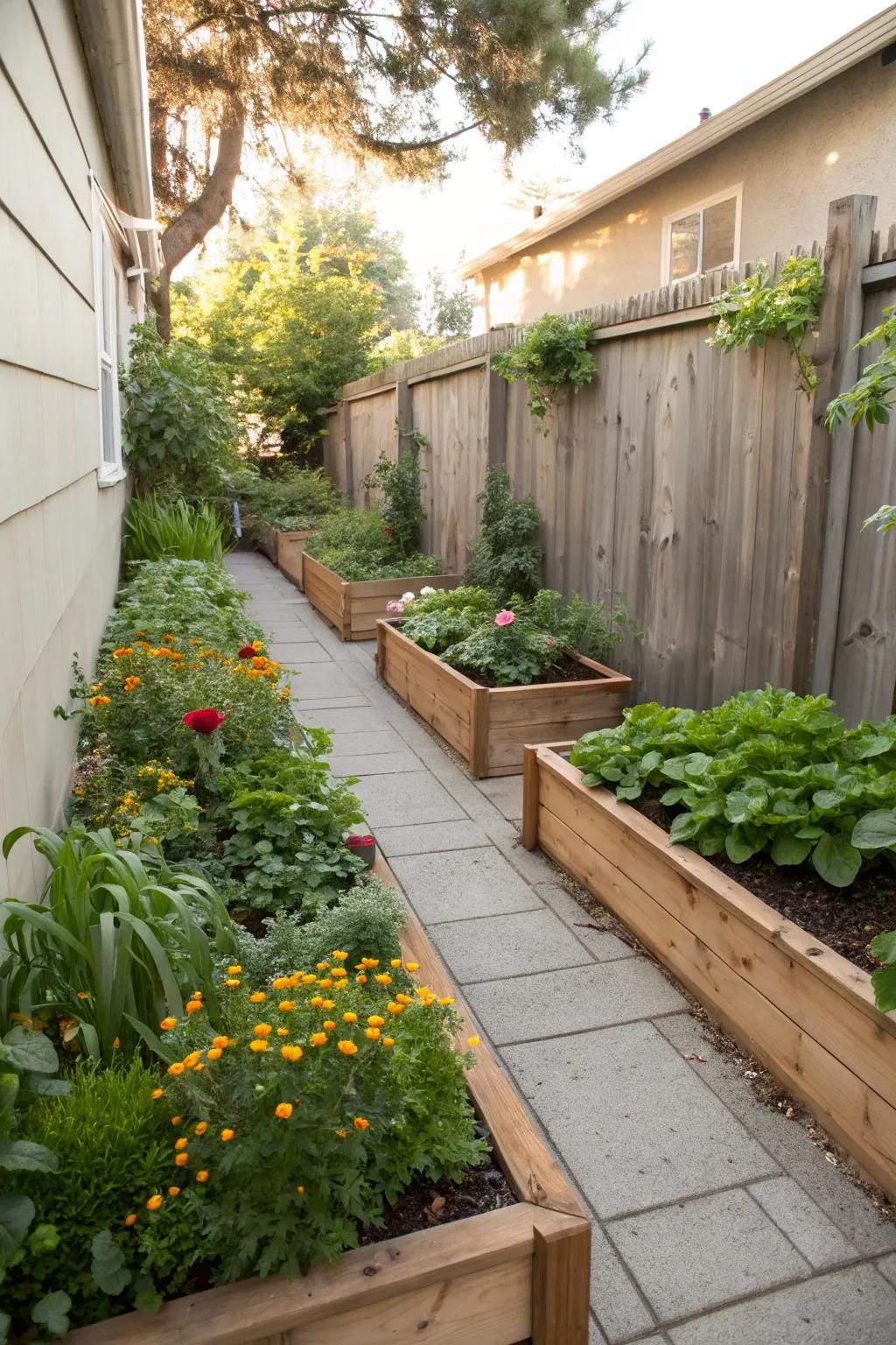 Raised beds create an abundant garden retreat in slim side yards.