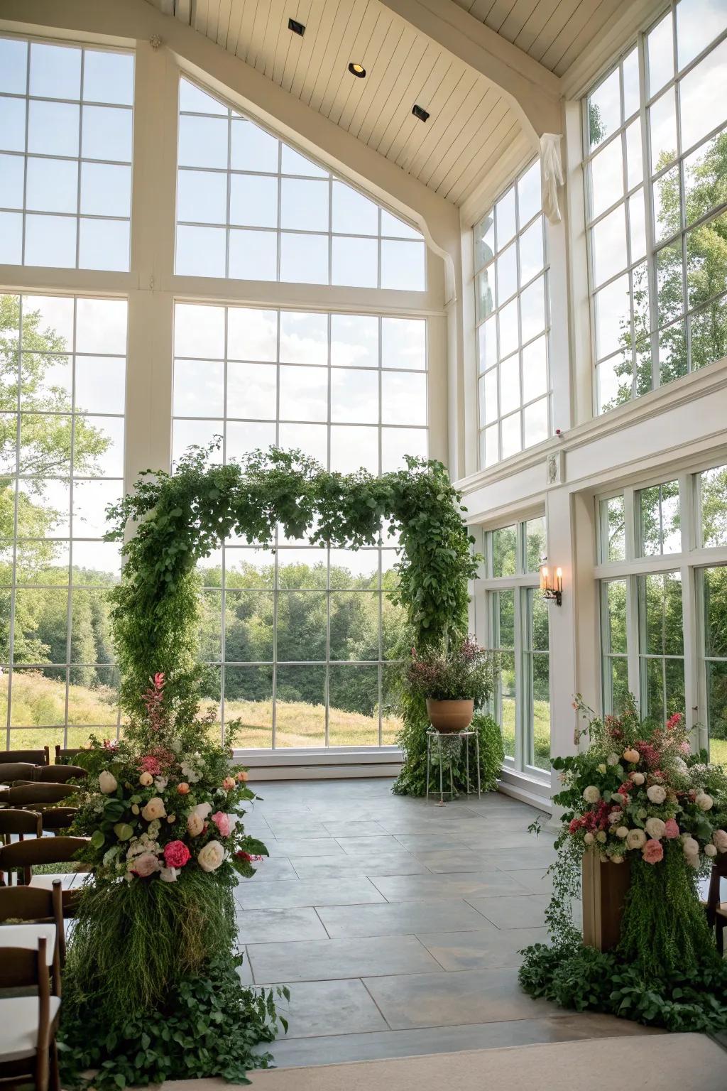Natural elements like greenery and large windows add vitality.