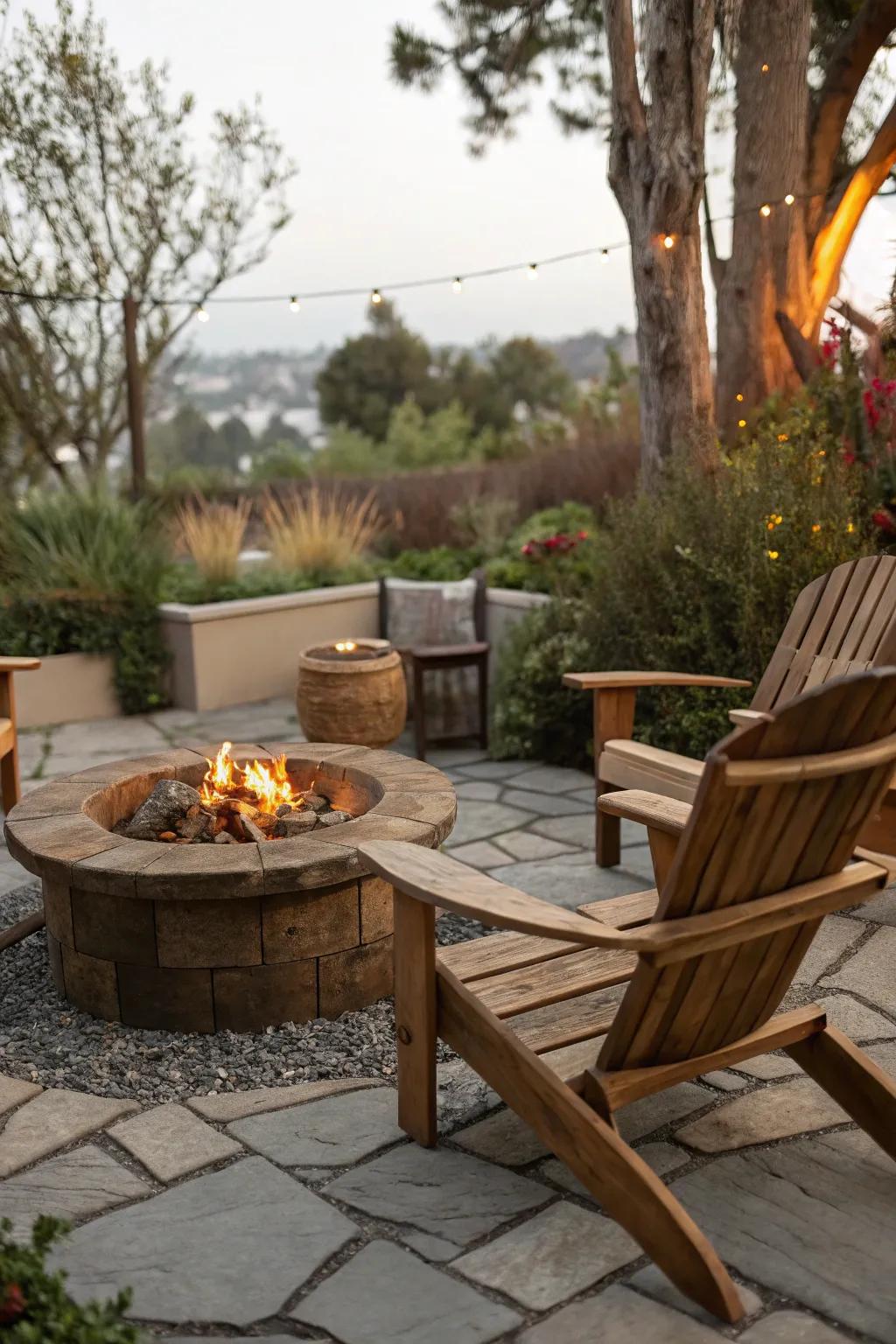 Natural materials impart a rustic charm to patios.