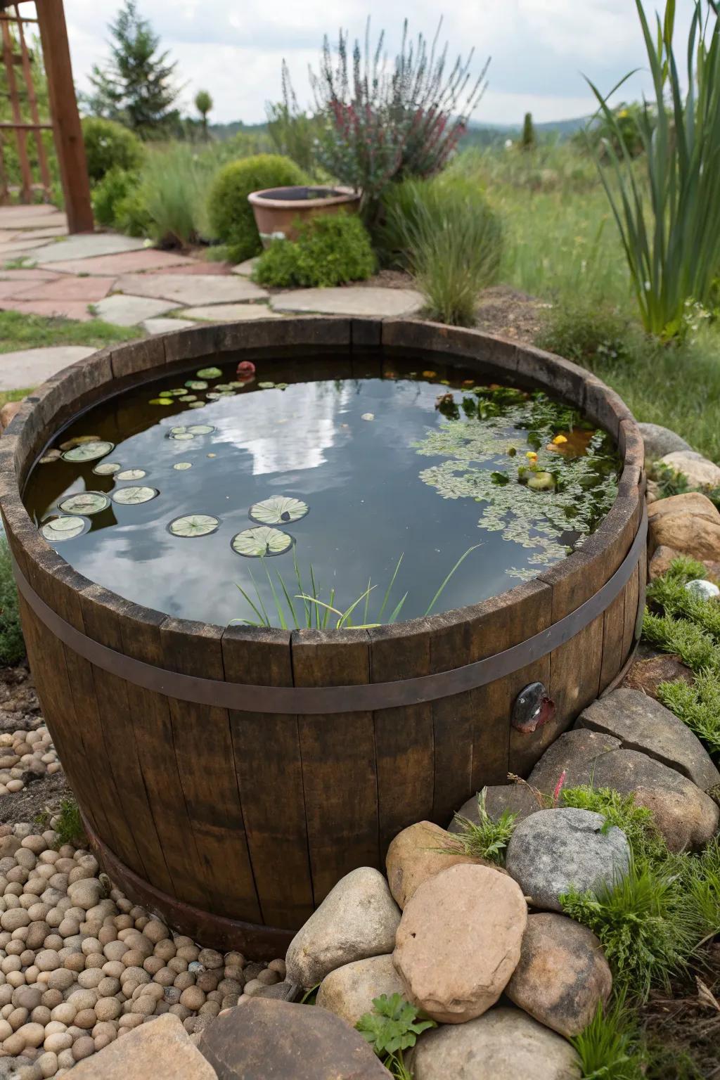 An aging barrel is reborn as a charming little pond.