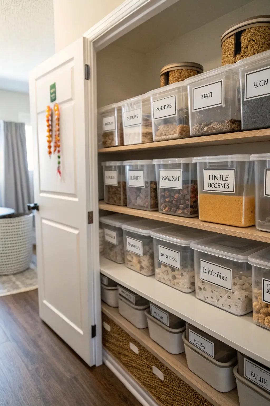Clear labeled containers provide practical and efficient storage.