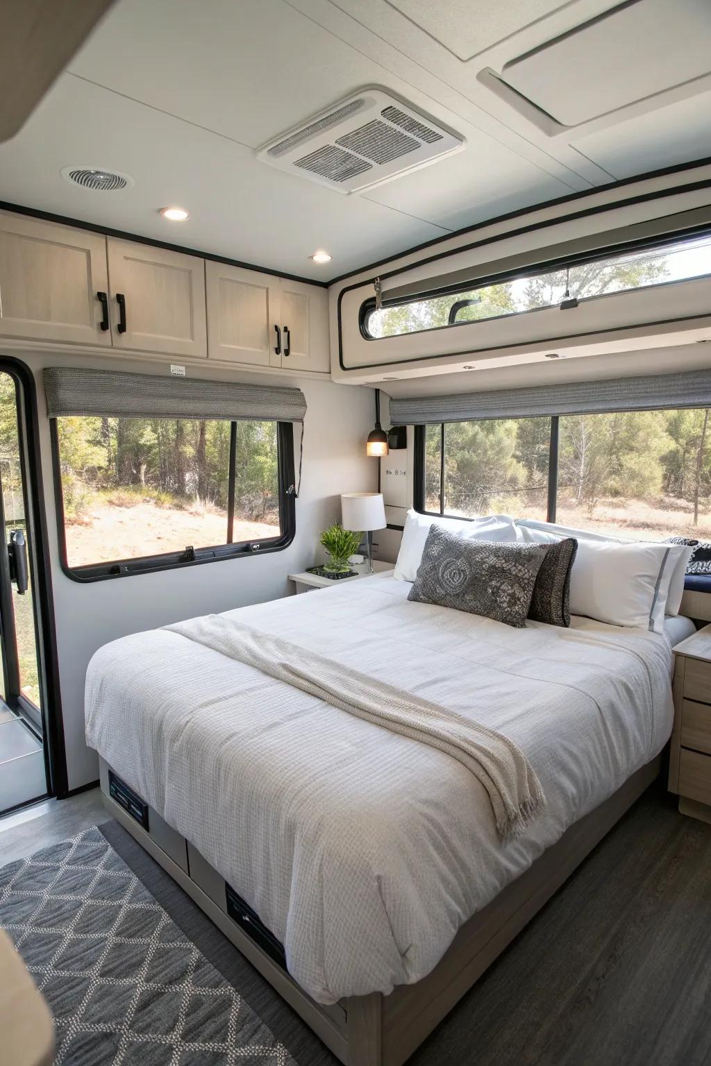Minimalistic designs ensure your RV bedroom remains uncluttered and spacious.