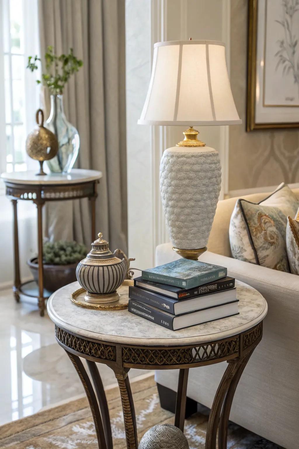 Varied height bring visual intrigue to an accent table.
