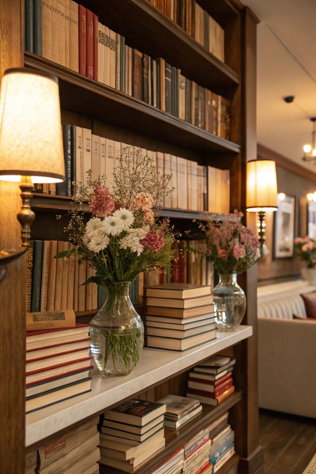 Books and flowers unite to create a cozy and intellectual vibe.