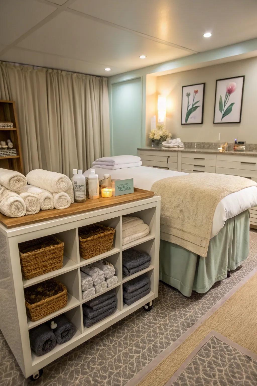 Under-platform storage used within a small spa area