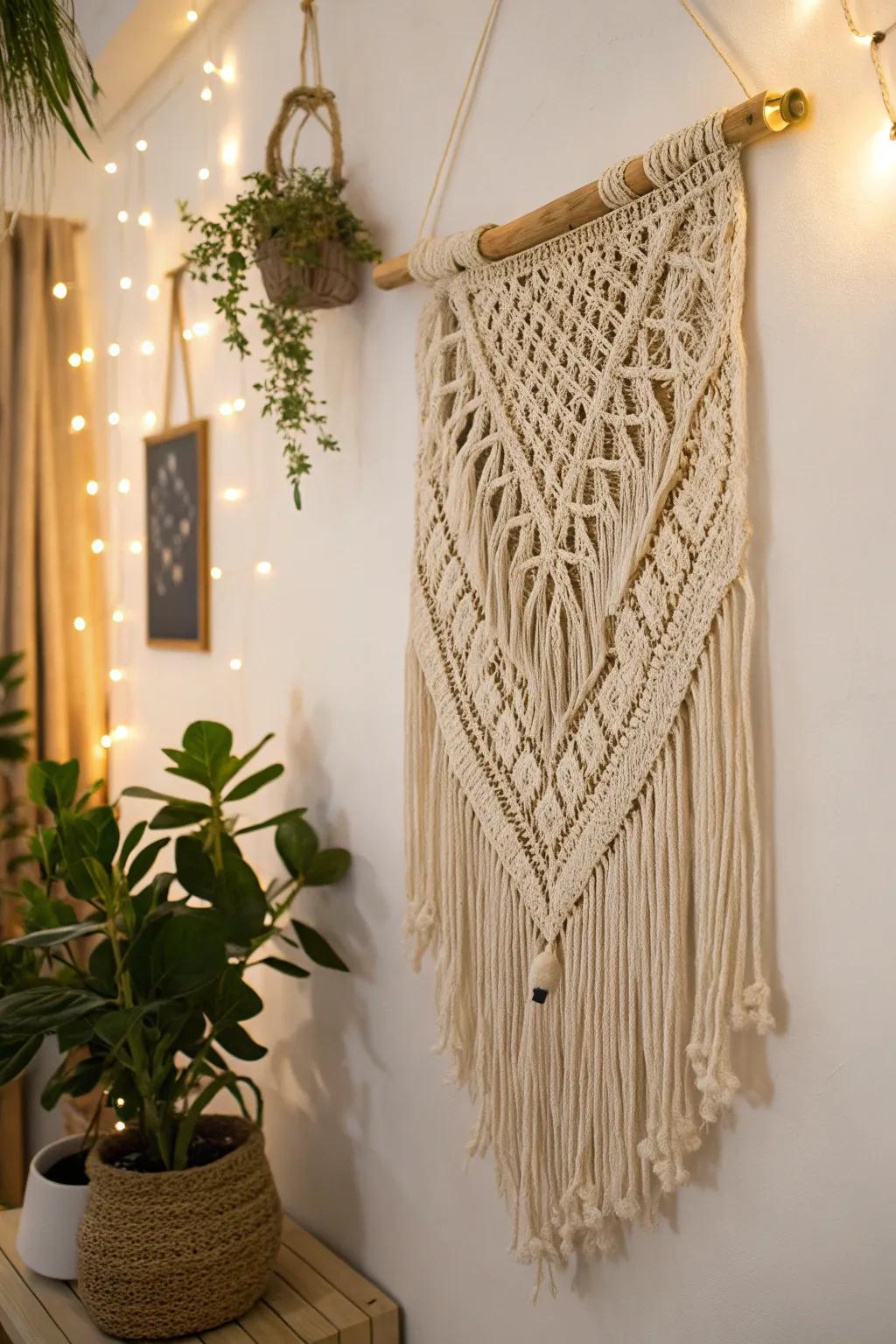 A macramé tapestry imbuing dimension and personality.