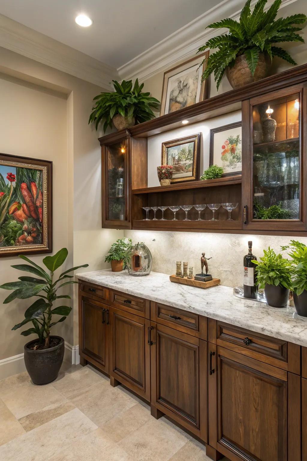 Ornamental accents such as artworks and vegetation within a compact wet bar.