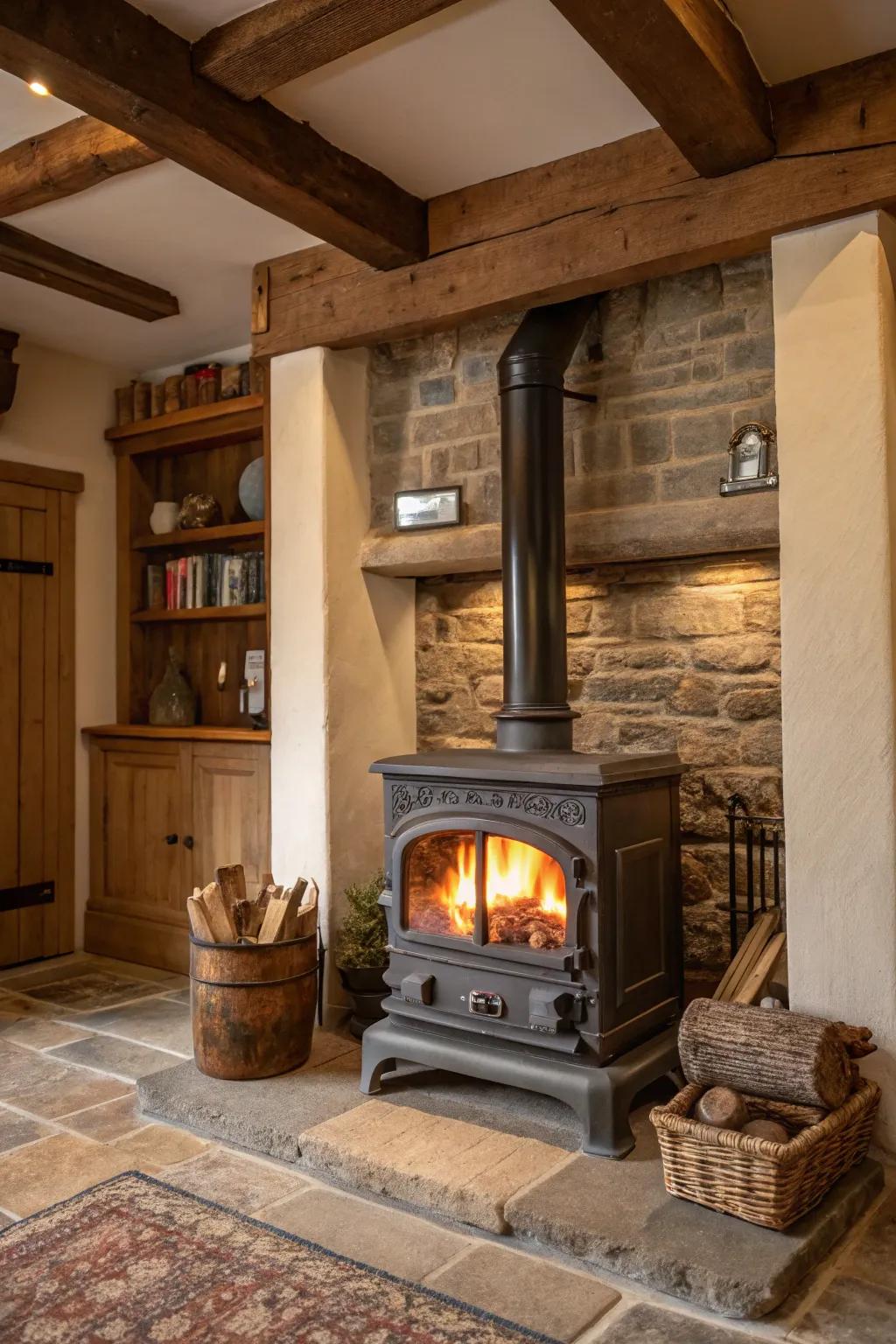 A conventional hearth introduces ageless appeal to a modern timber heater setup.