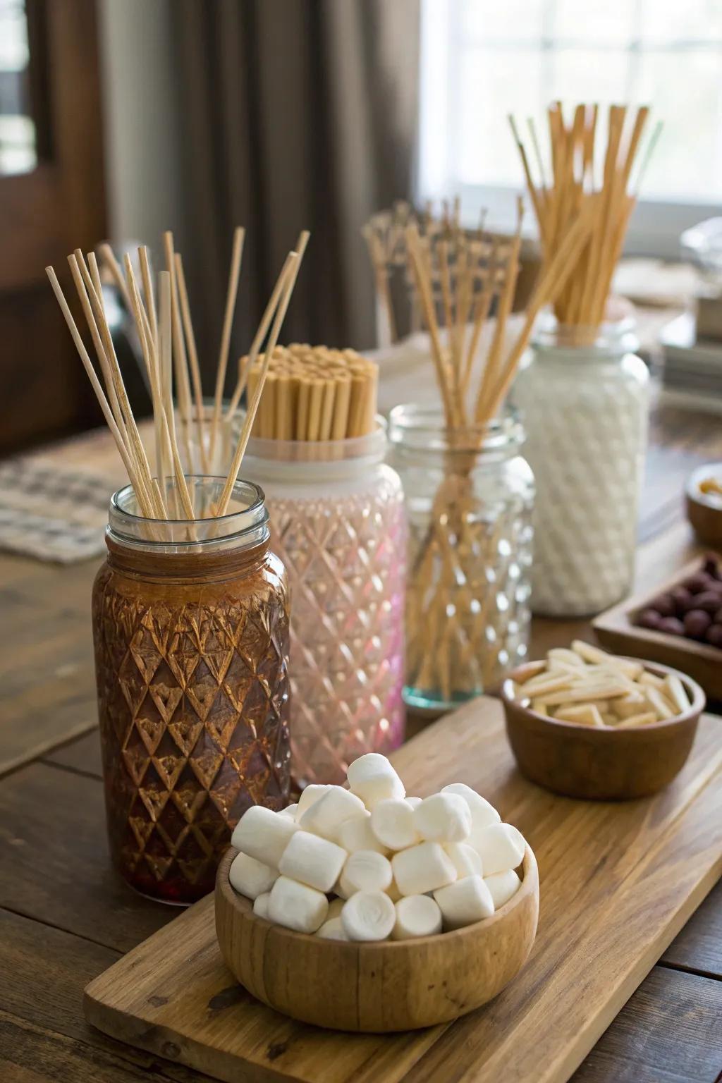 Stylish stick displays can enhance the overall look of your s'mores bar.