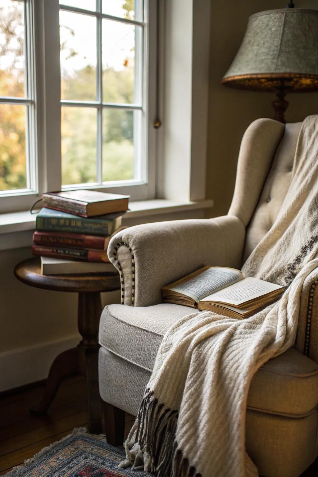 A cozy reading nook invites you to relax and escape with a good book.