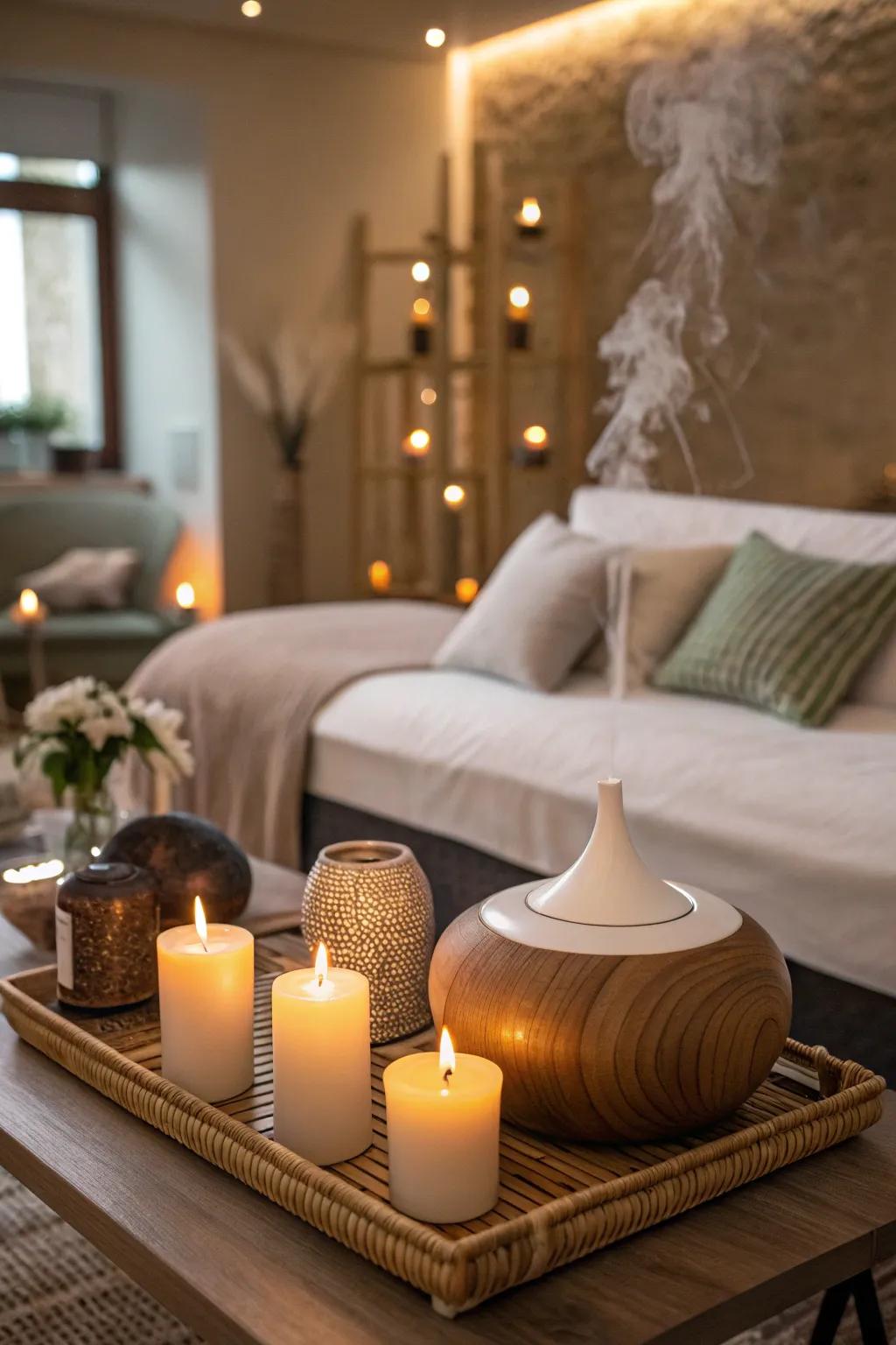 Scented candles and aromatherapy fashion the mood for relaxation.
