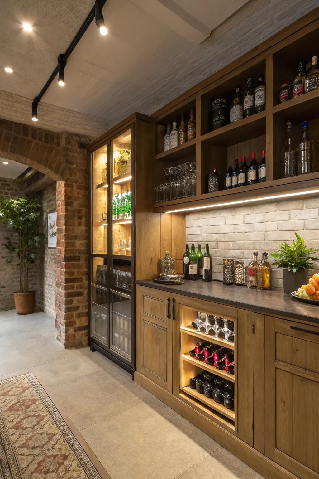 Elegant shelves and cabinets showcase your beverage collection.