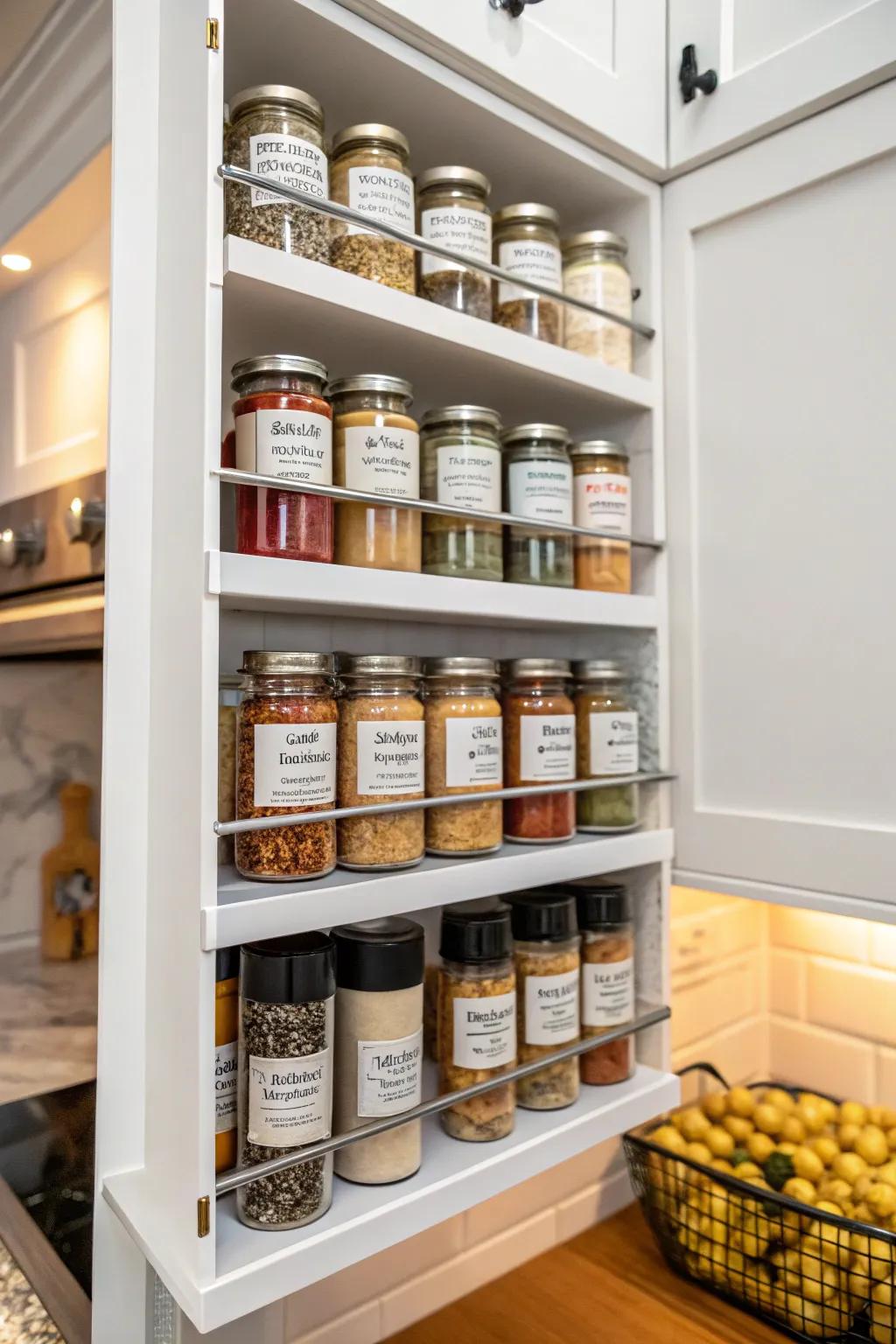 Tiered shelving maximizing the efficiency of spice storage.