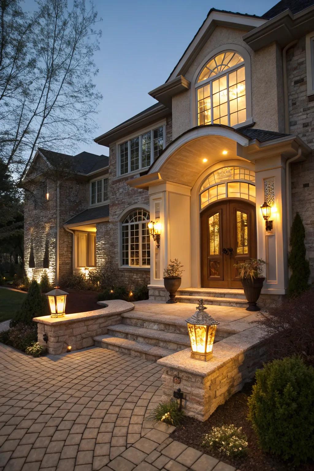 Elegant lighting spotlights your front door's architectural elements.