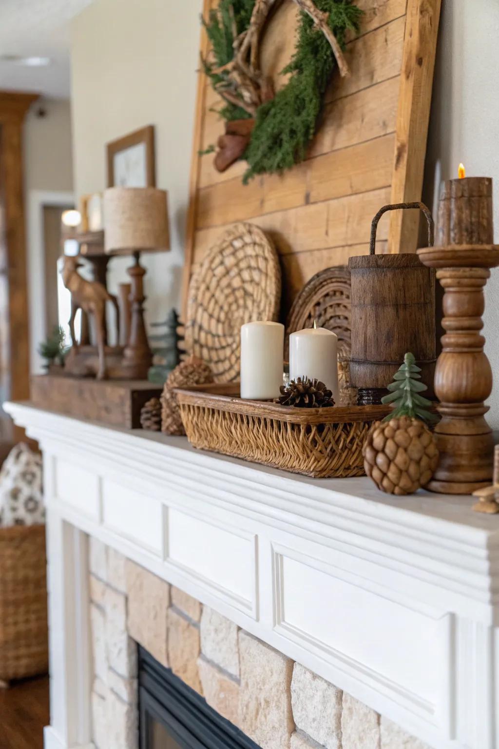 Earthy accents add charm and warmth to the mantel.