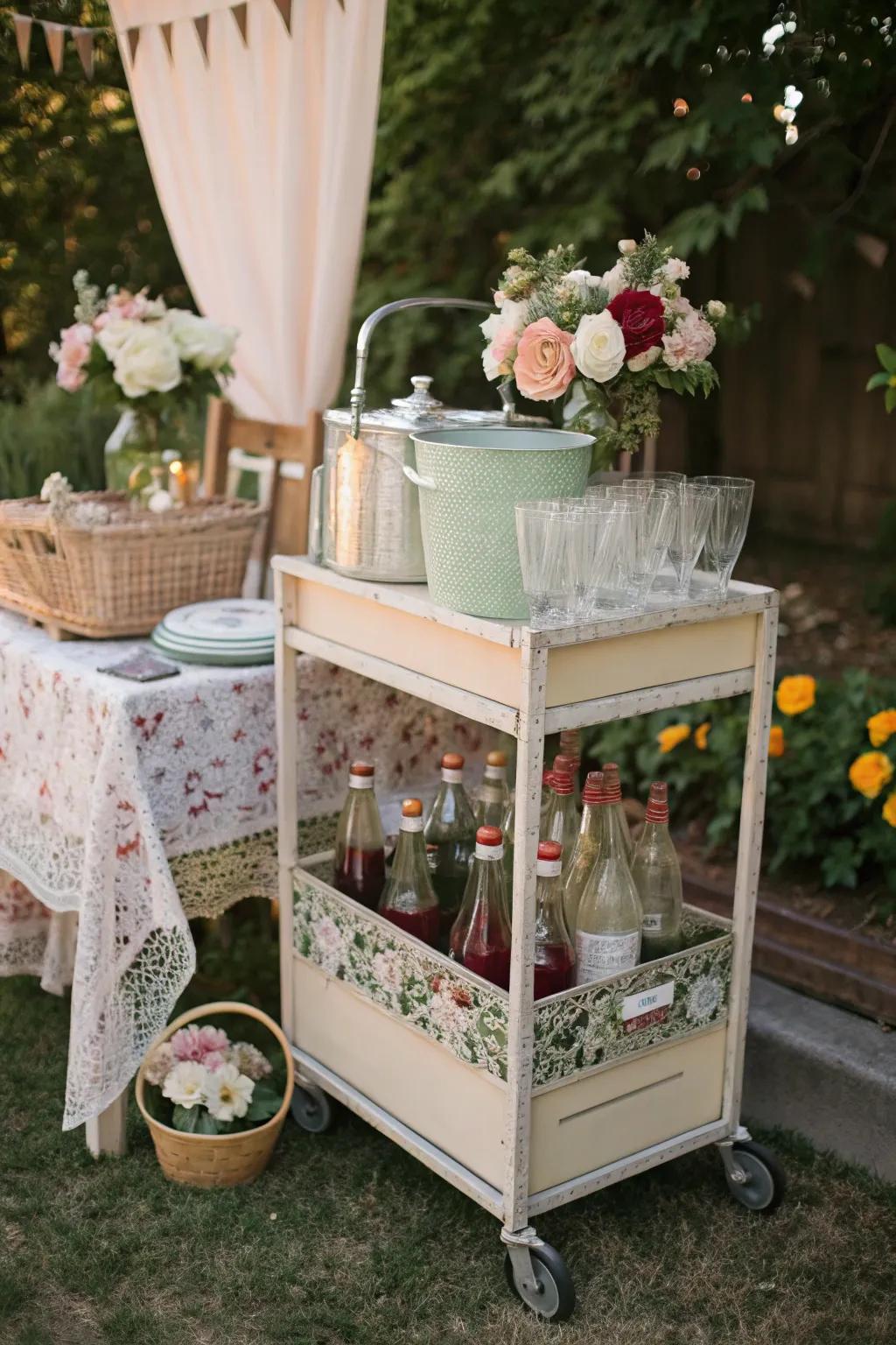 Serve refreshments with flair from a vintage garden cart.