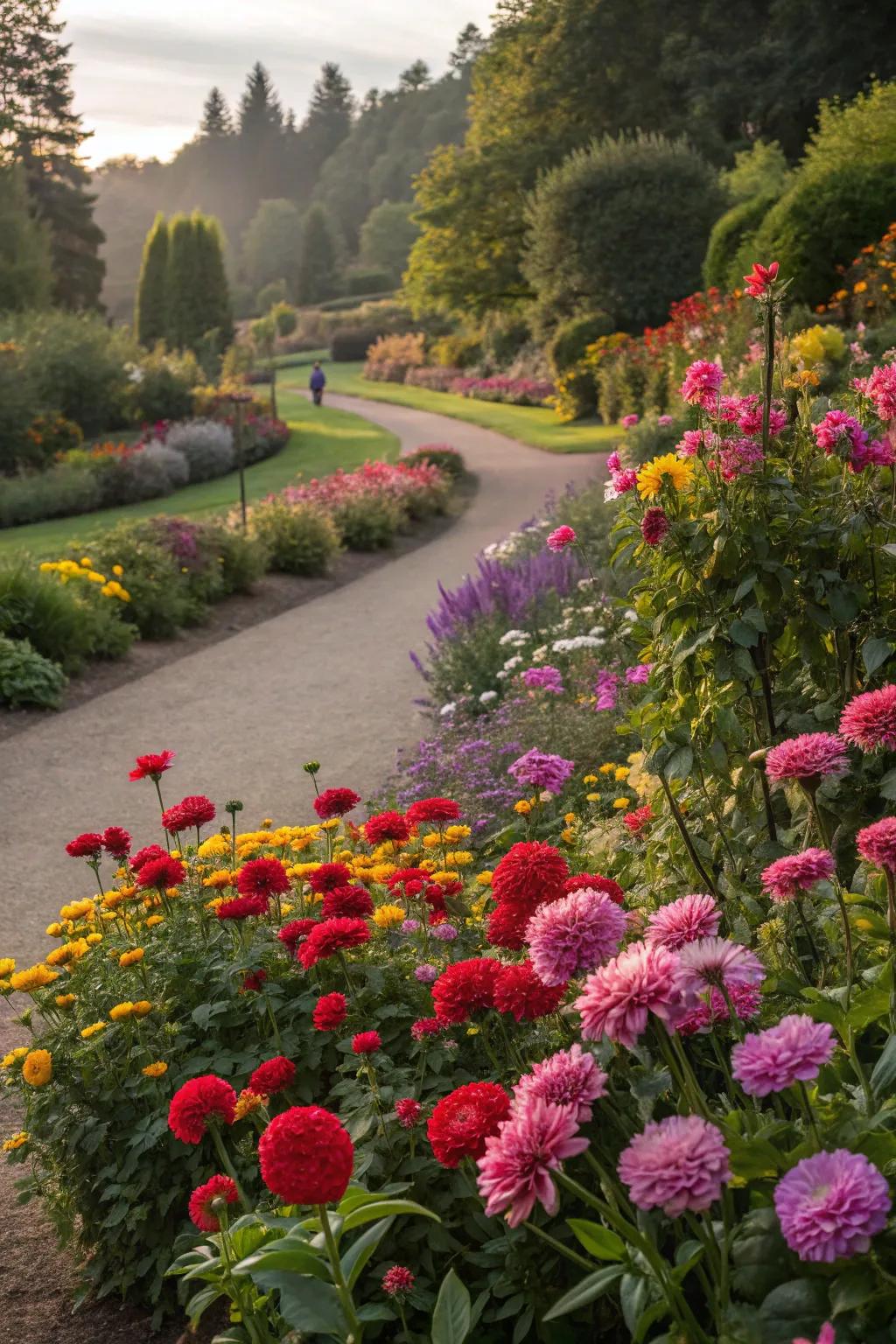 A colorful vista of densely planted flowers creates a striking garden display.