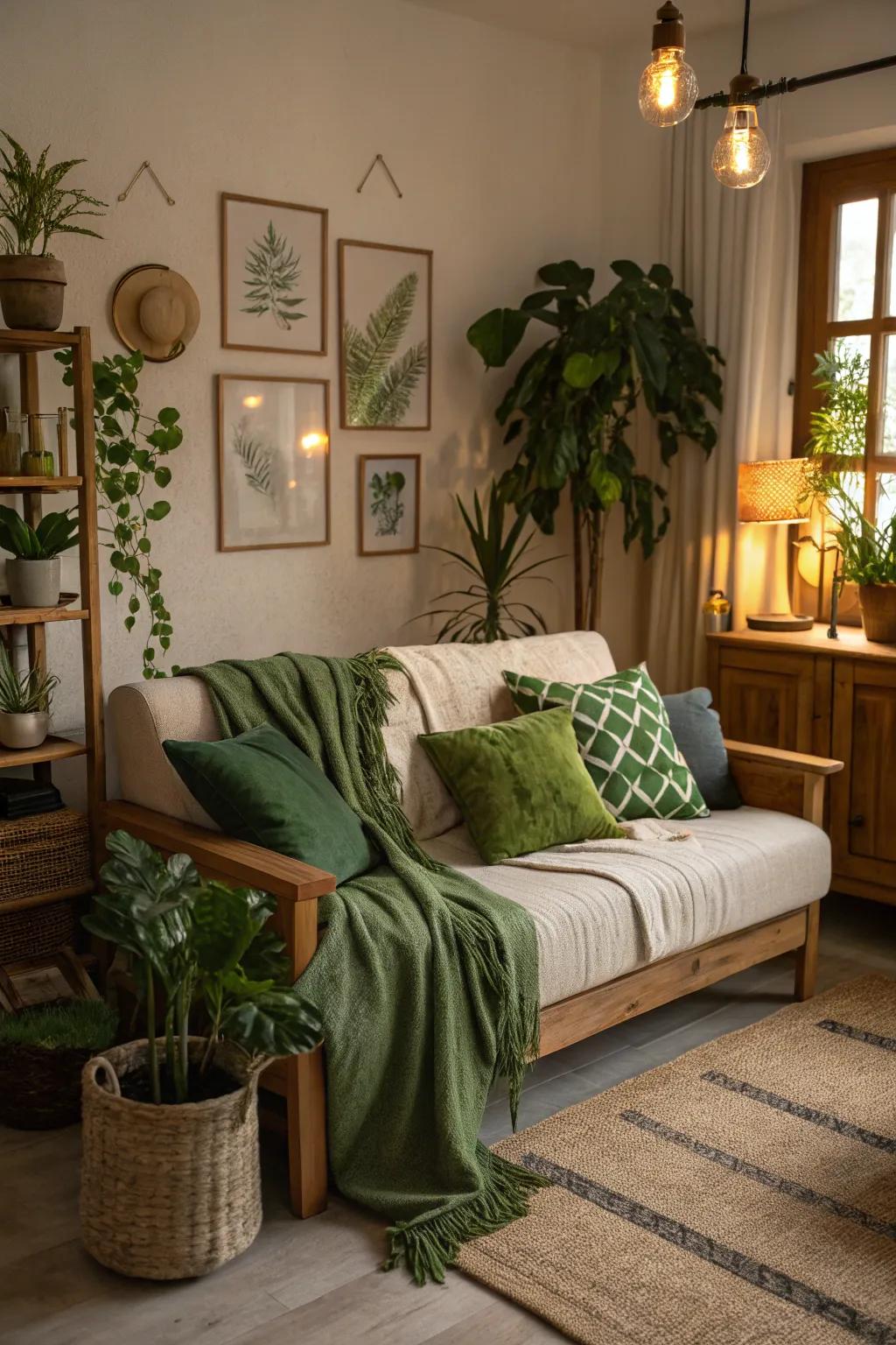 Understated St. Patrick's Day accents using green blankets and bolsters.