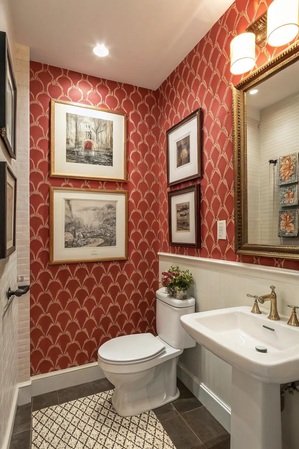 An accent wall and artwork add a stylish element to the workplace restroom.