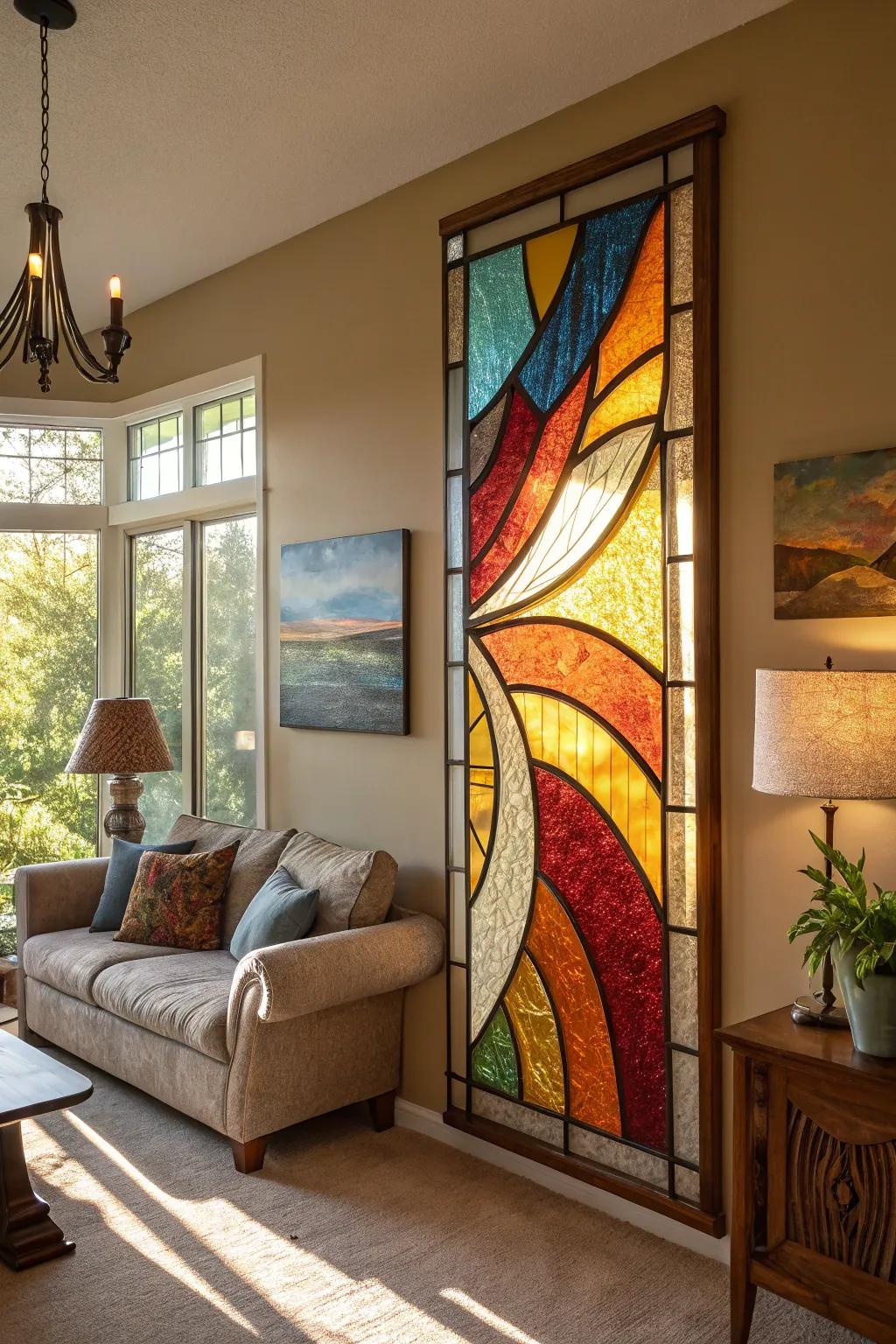 Abstract stained glass art makes a bold statement in any chamber.