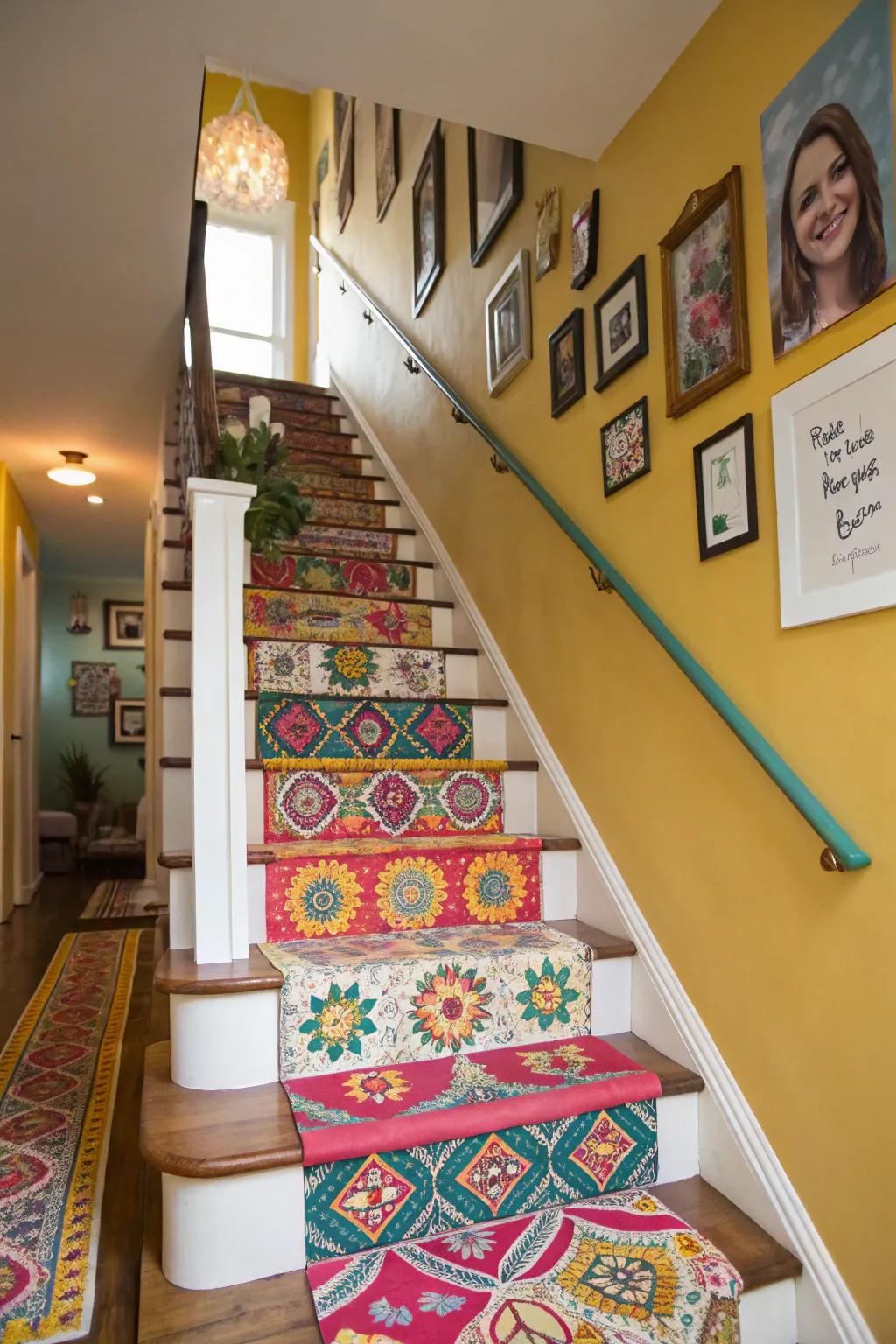 This staircase has a vibrant carpet that adds character and vibrancy.