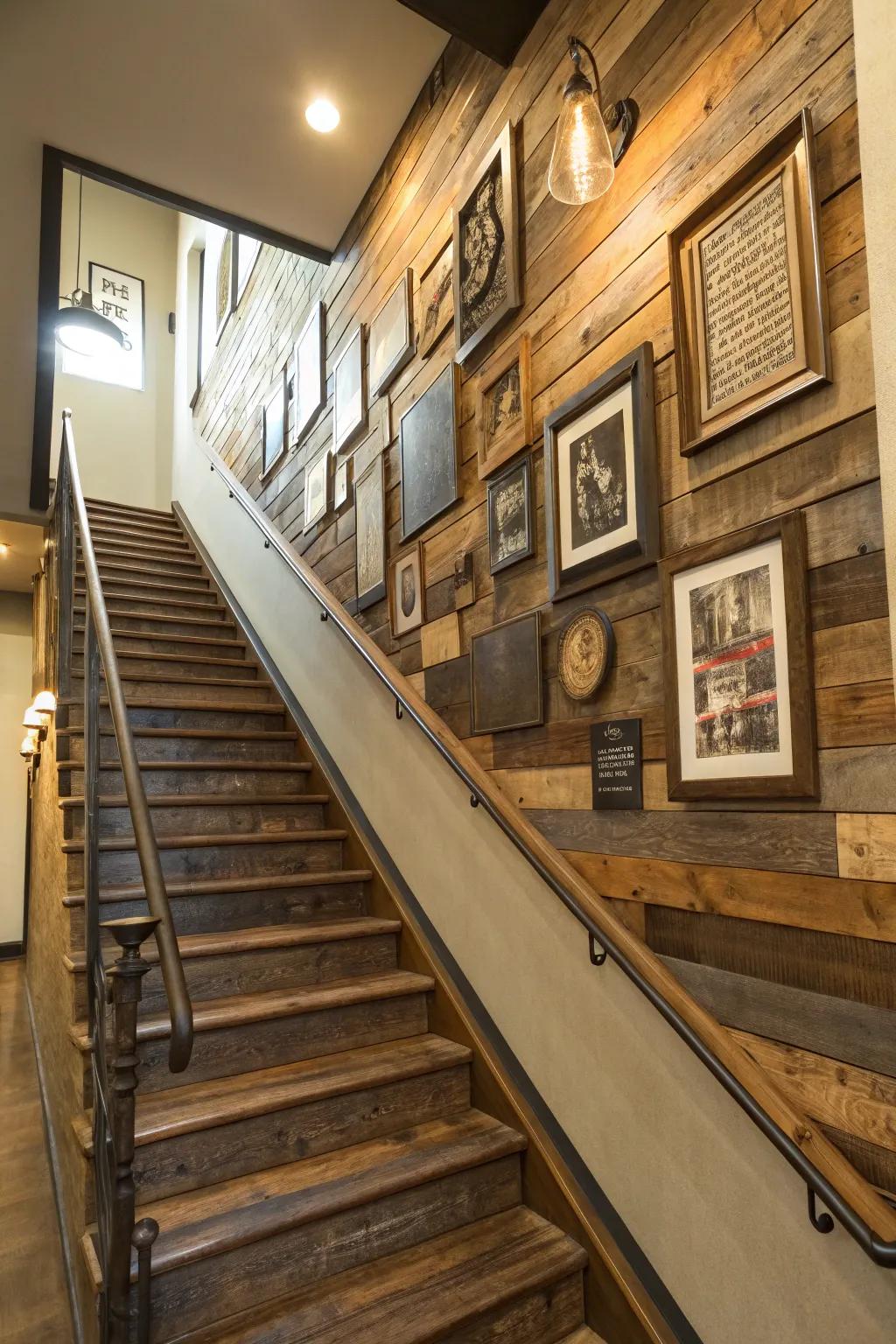 Staircase walls get a distinctive, layered appearance from mixed media designs.