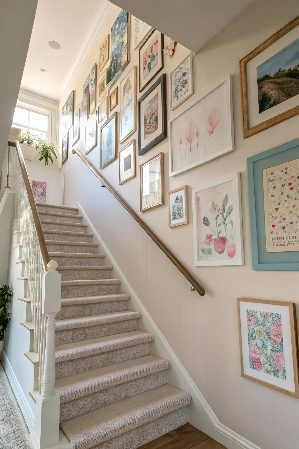 A consistent color theme unites the diverse gallery wall.