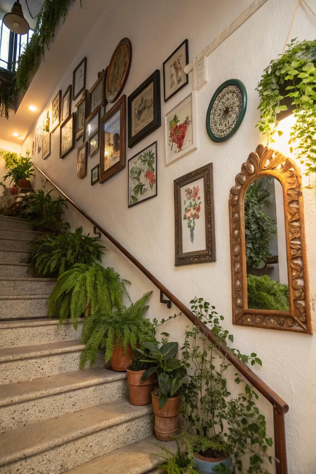 An eclectic combination fashions a singular stairway wall.