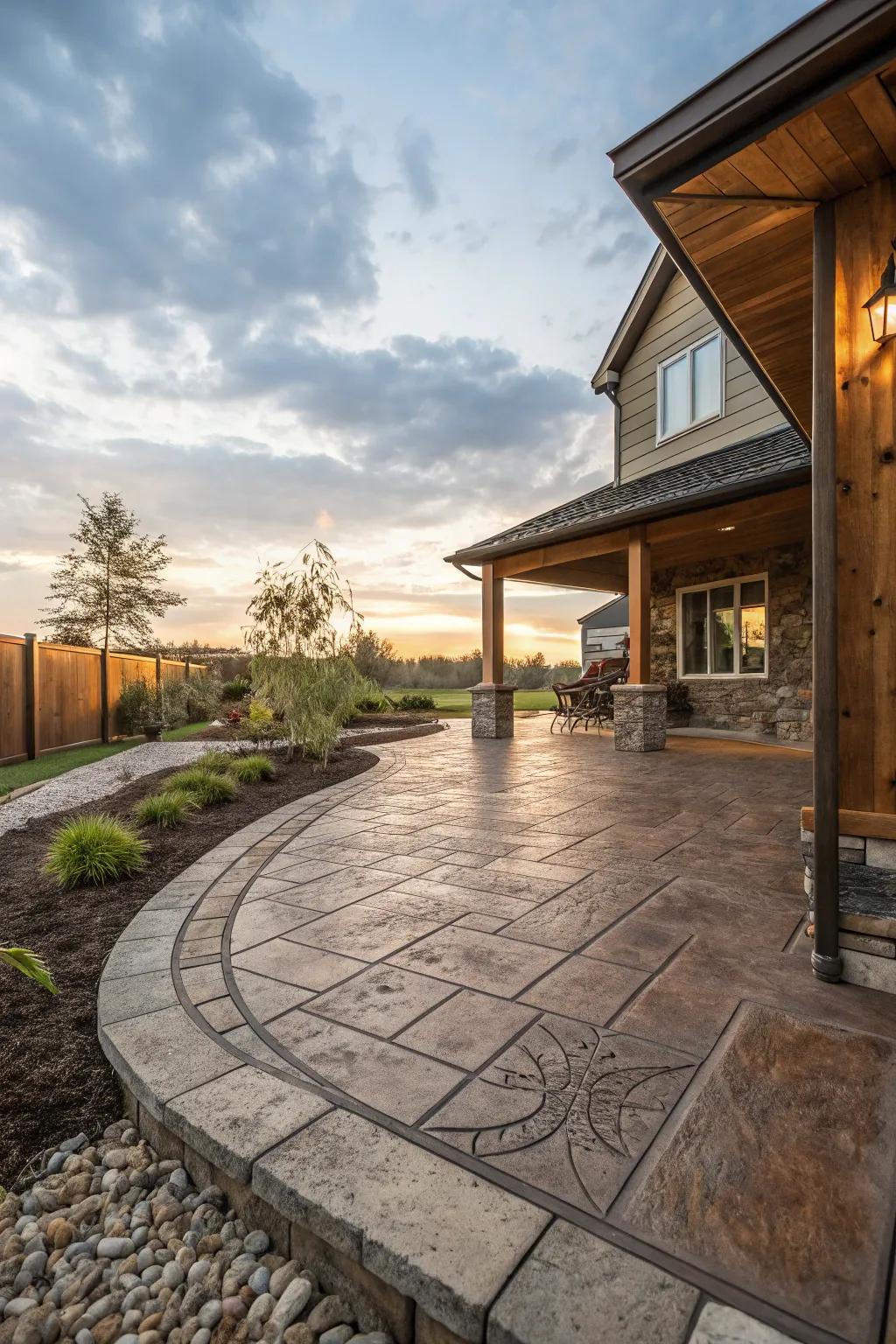 A stamped concrete patio enhanced with a variety of materials.