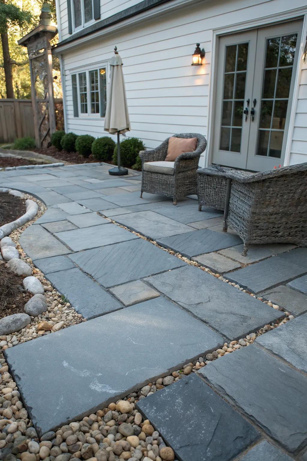 A stone patio with an inventive mix of materials.