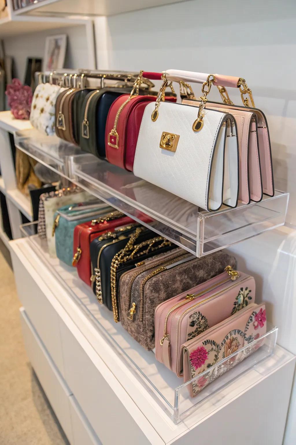 Clear acrylic dividers organizing purses on a shelf.