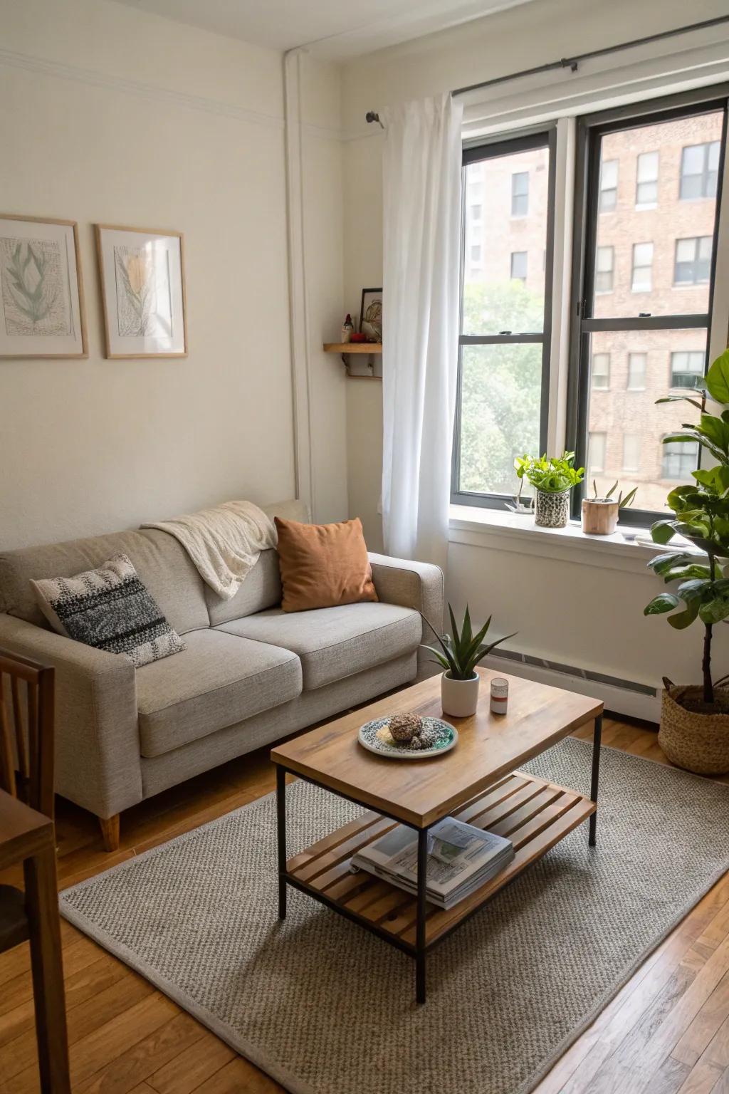 Small furniture keeps comfort without crowding the area.