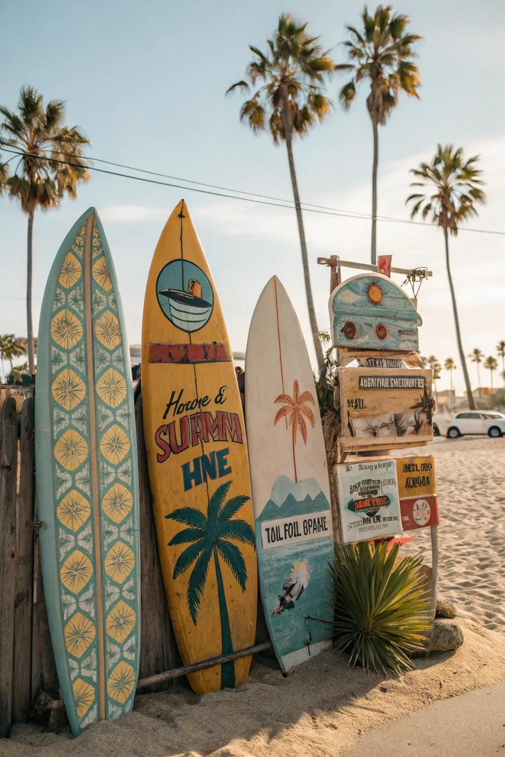 A retro surf garage influenced bulletin board decorated with surfboards and seaside signs.