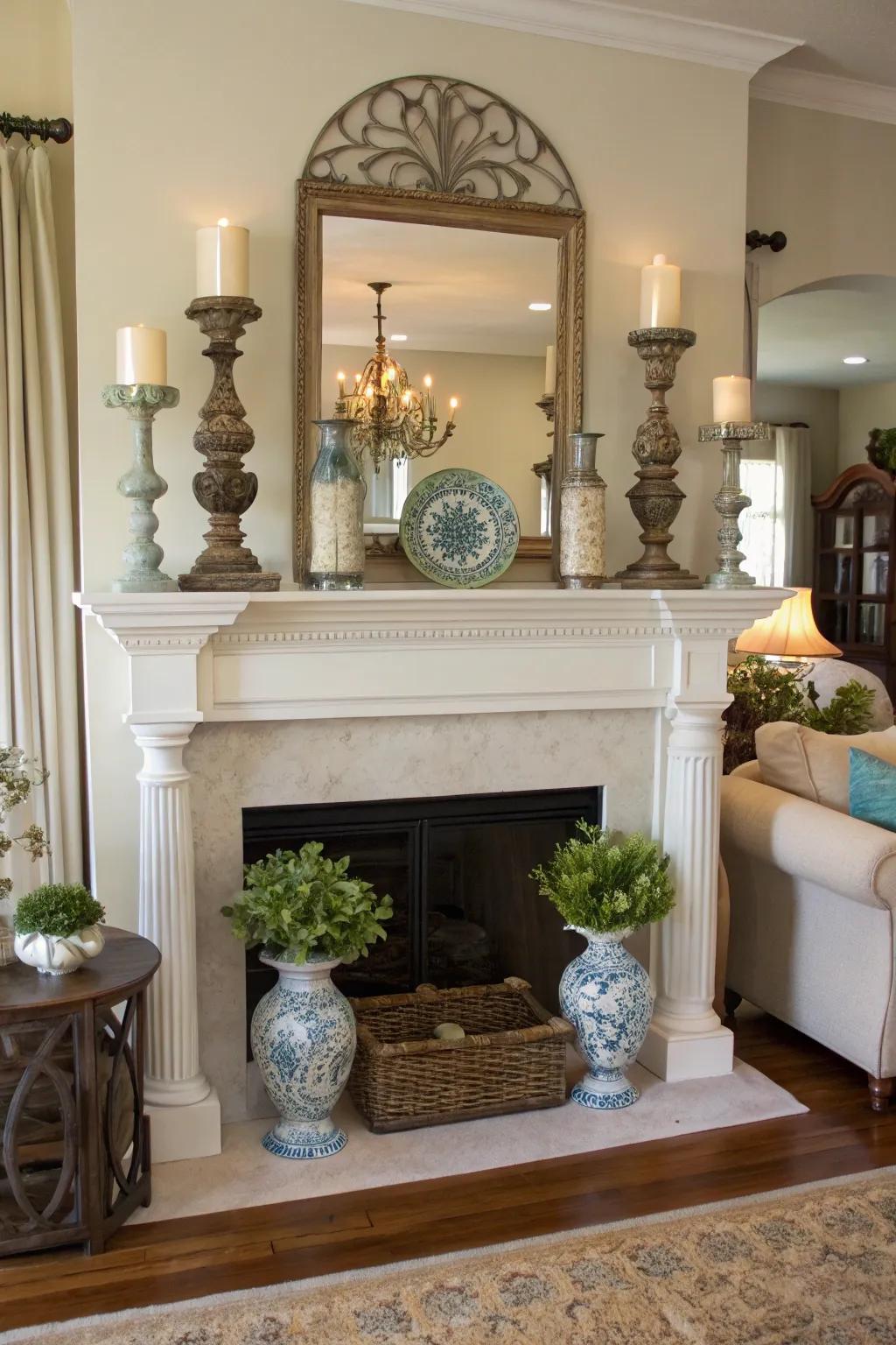 Symmetrical arrangements create visual balance for your mantel.