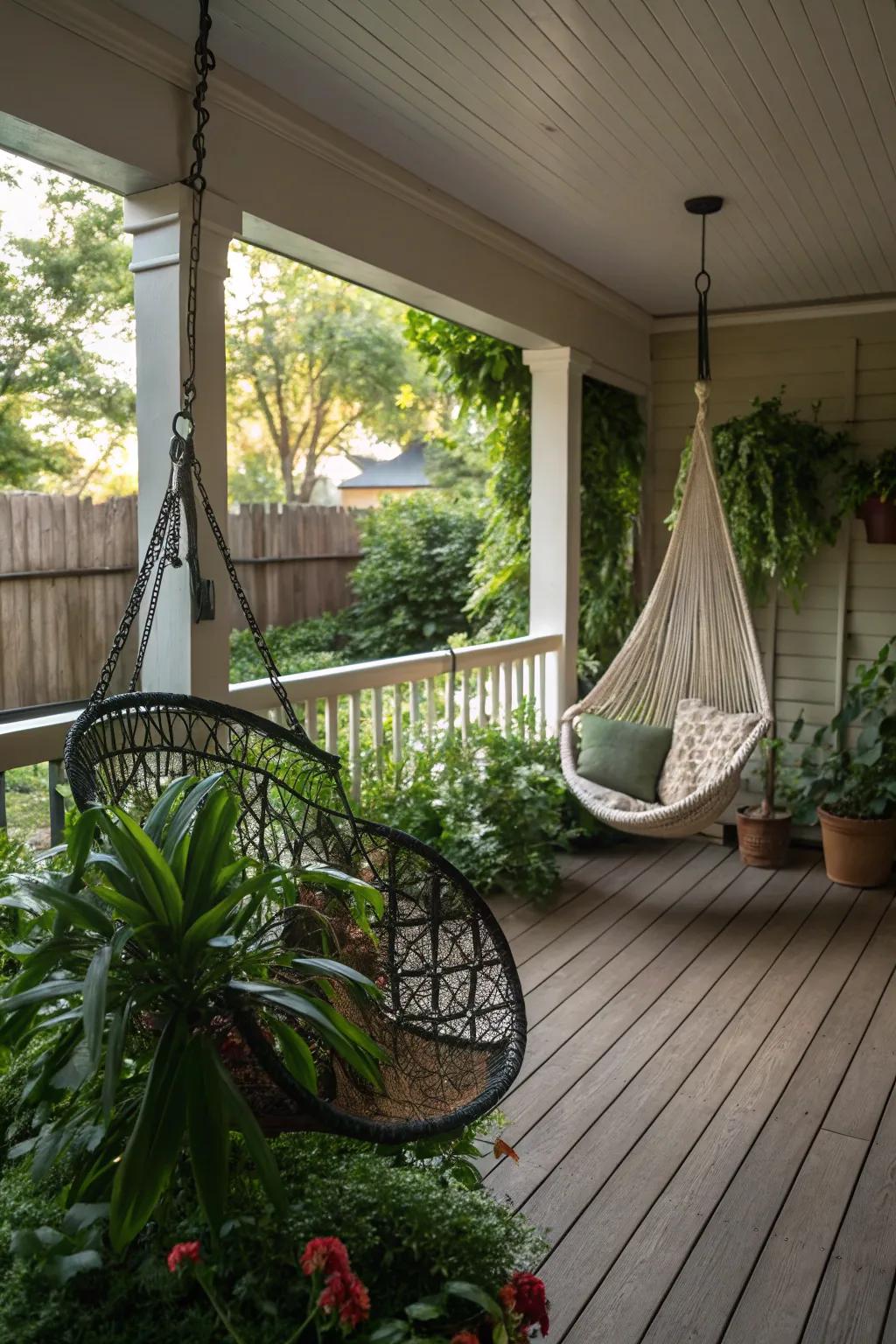 A swing or hammock adds a relaxing, vacation-like touch.