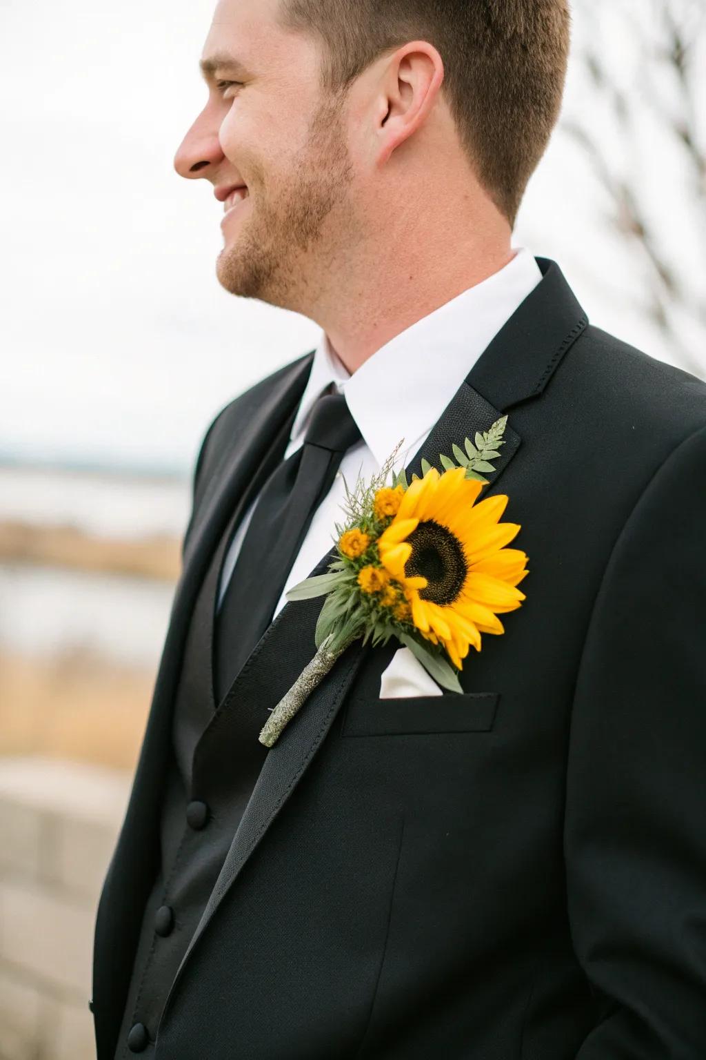 A stylish boutonniere featuring a sunflower for the groom.