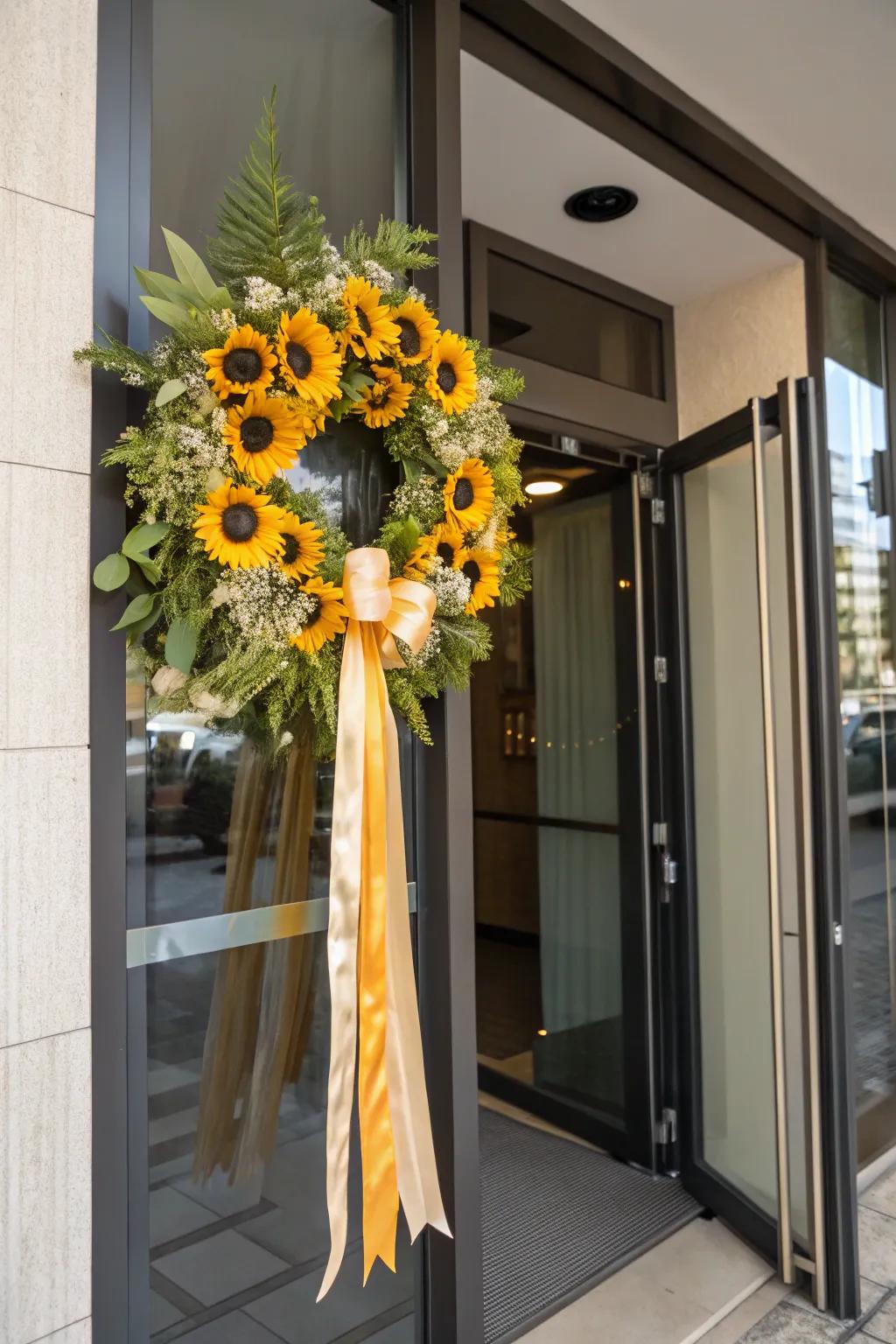 Elegant ribbons add a sophisticated touch to sunflower wreaths.