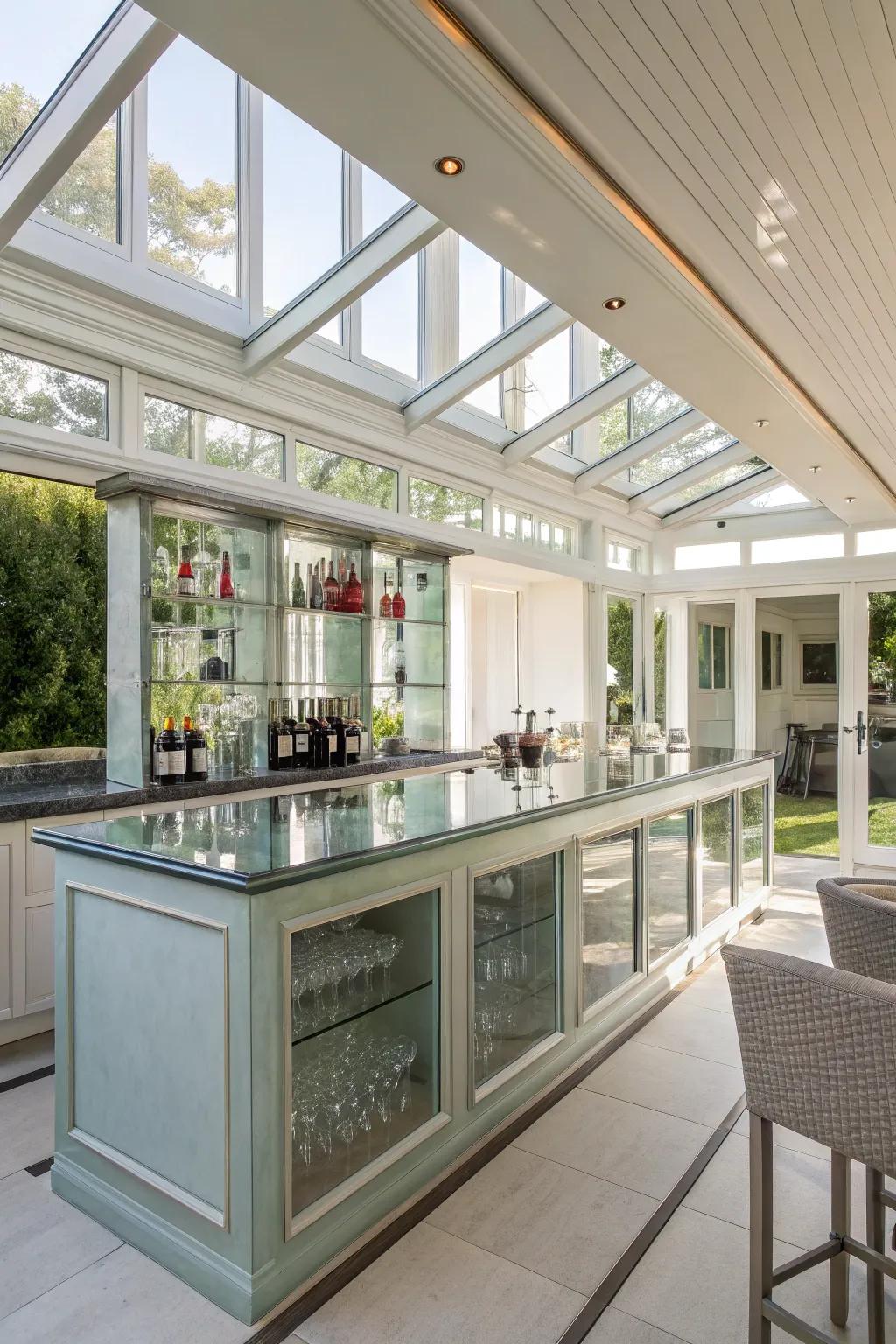 Reflective surfaces amplify light and introduce refinement to your sunroom bar.