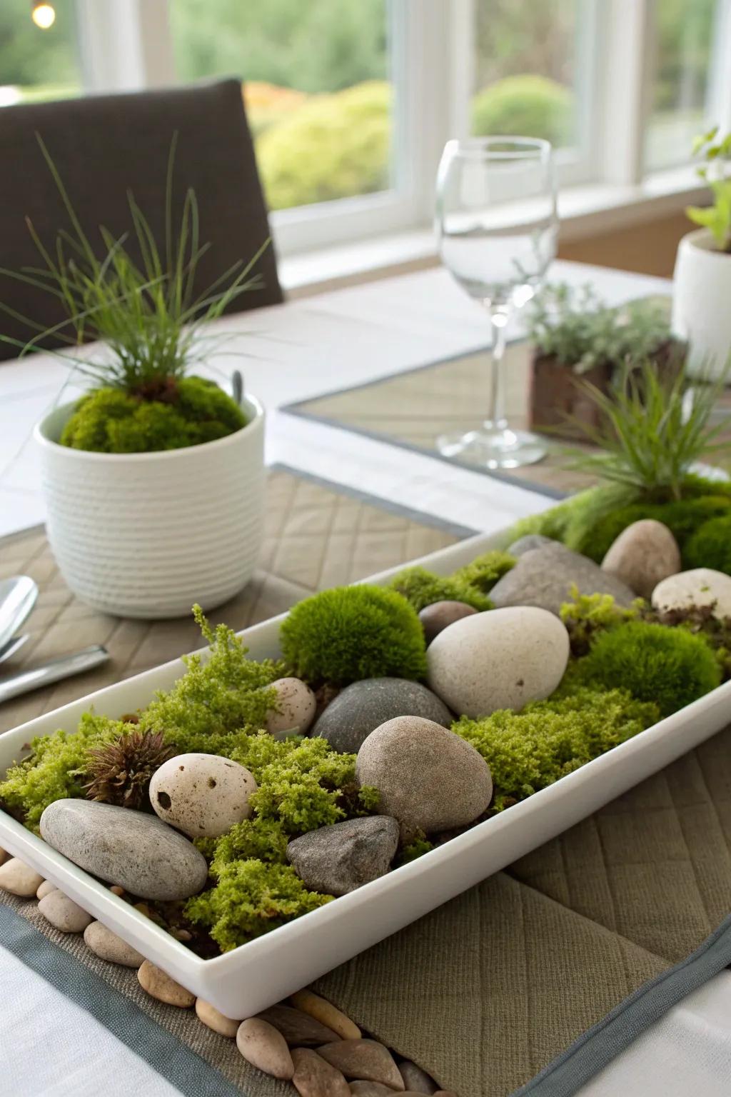 A nature-inspired centerpiece featuring stones and moss.