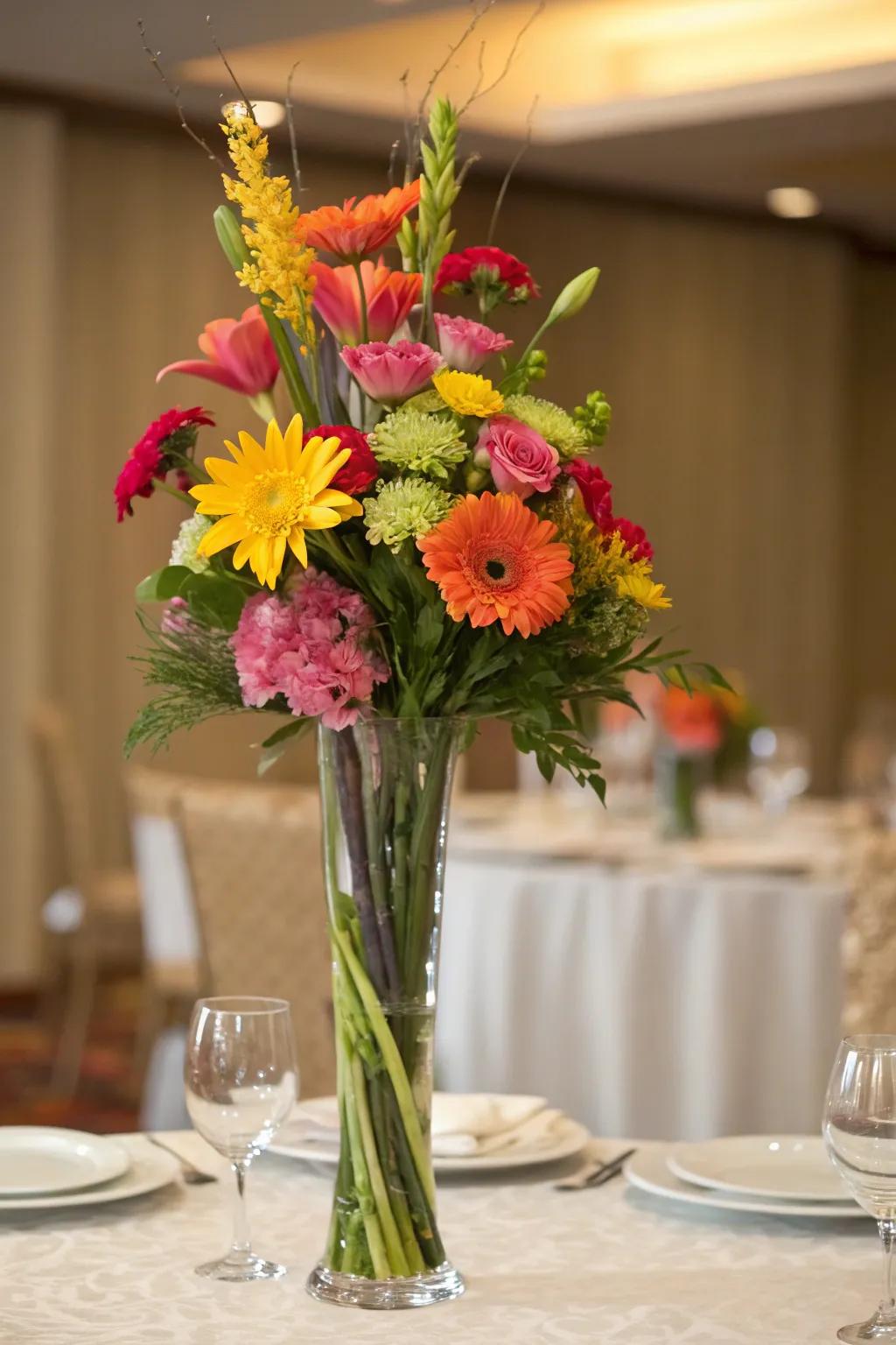 An attention-grabbing elevated arrangement showcasing long-stemmed lilies and delphiniums.